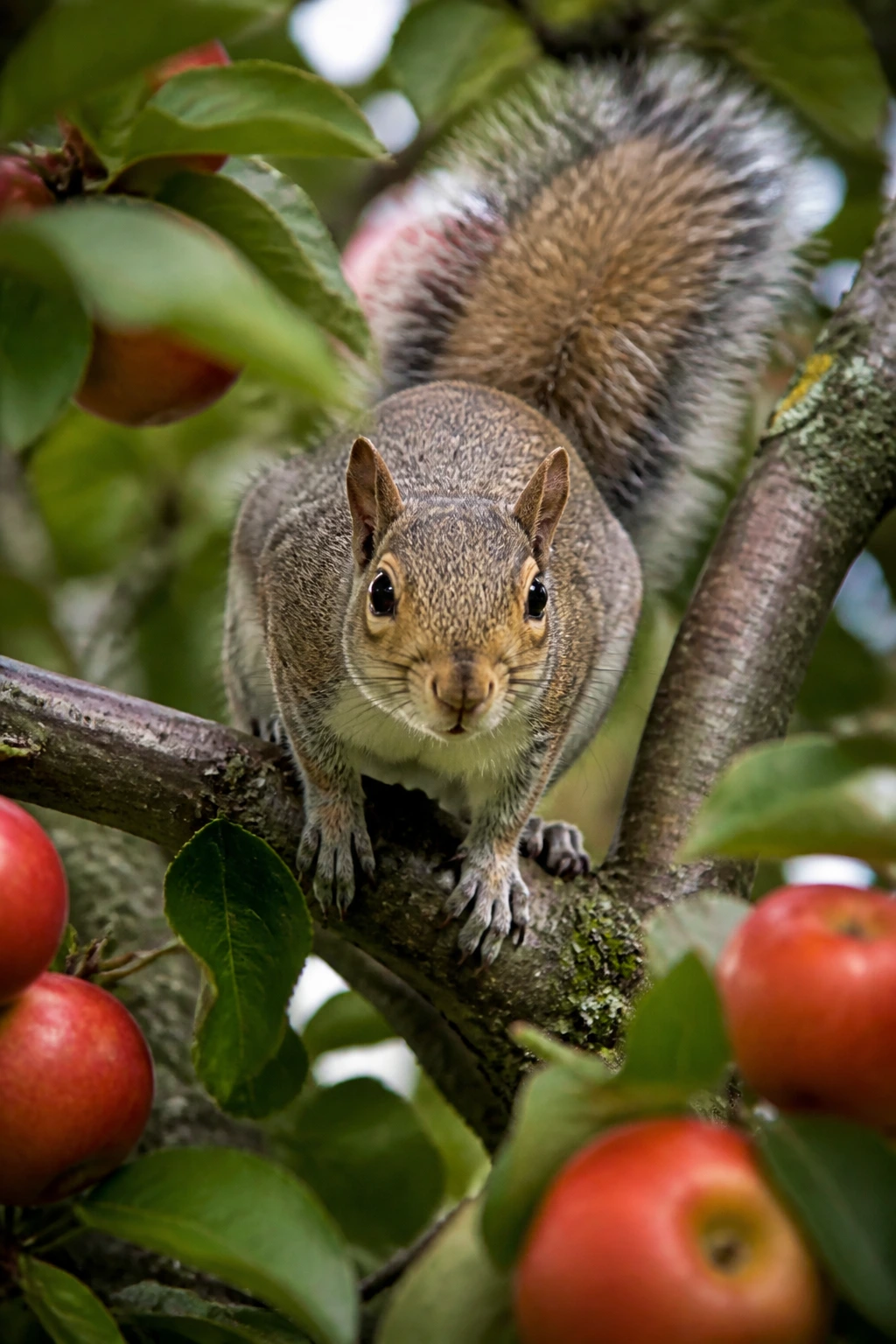 Close-up of a squirrel on a branch near fruit in a tree setting