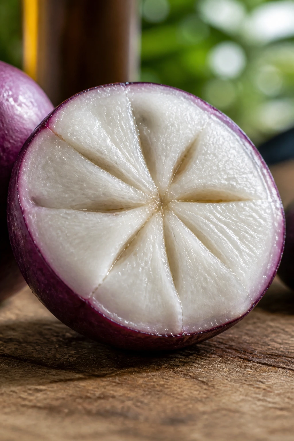 Jamaican Star Apple: Nutrition Facts, Health Benefits, And More 7 Close-up of a halved Jamaican star apple showing white flesh and purple rind on a rustic wooden surface