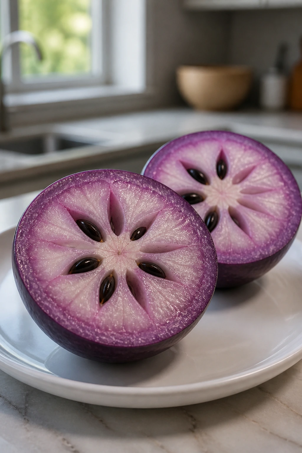 Jamaican Star Apple: Nutrition Facts, Health Benefits, And More 5 Star apple halves on plate showing juicy flesh