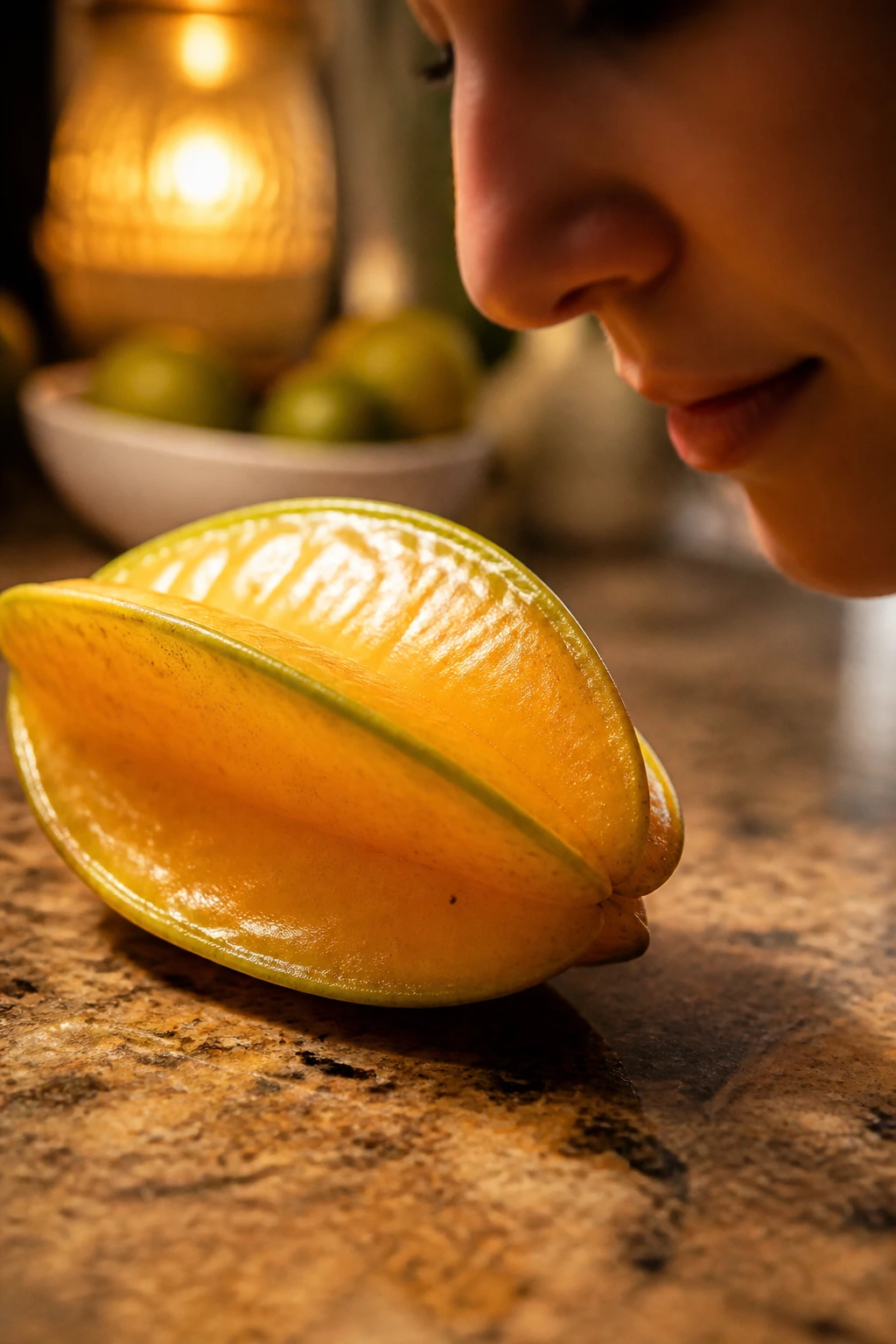 Star fruit on a warm-lit kitchen counter suggesting aroma