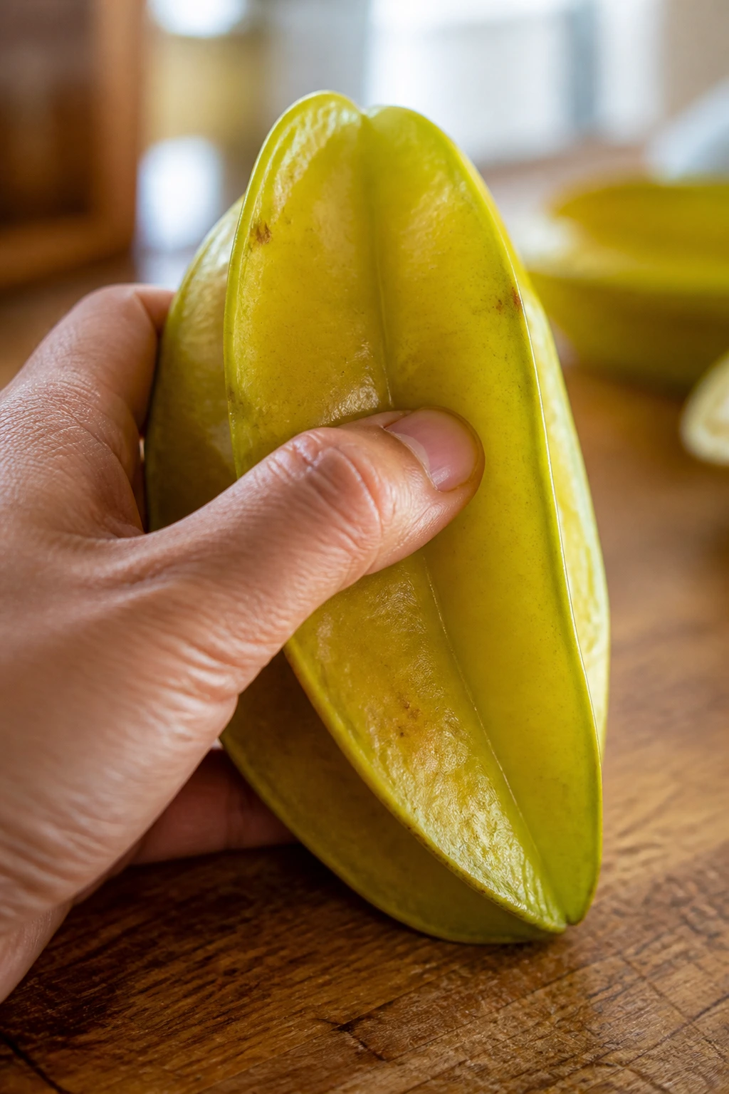Hand squeezing star fruit showing gentle give