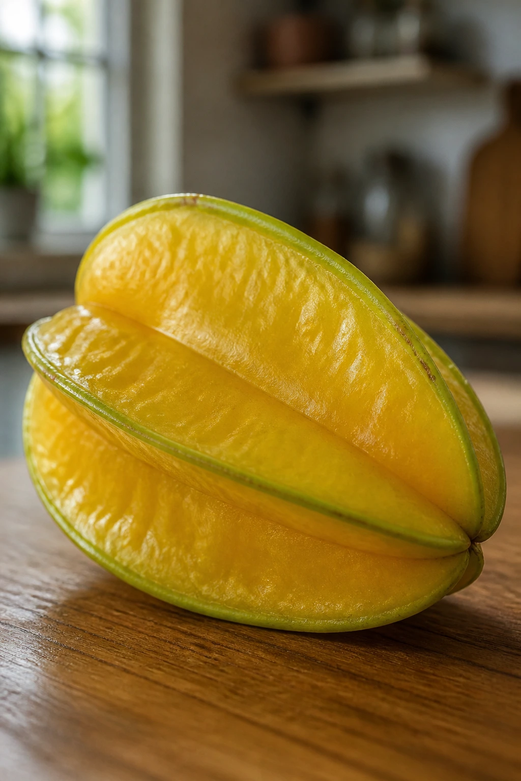 How To Store Star Fruit Properly For Longer Shelf Life 1 Close-up of a single star fruit on a kitchen counter, illustrating factors affecting freshness.