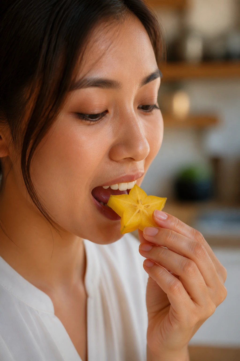Real person preparing to taste a small star fruit slice