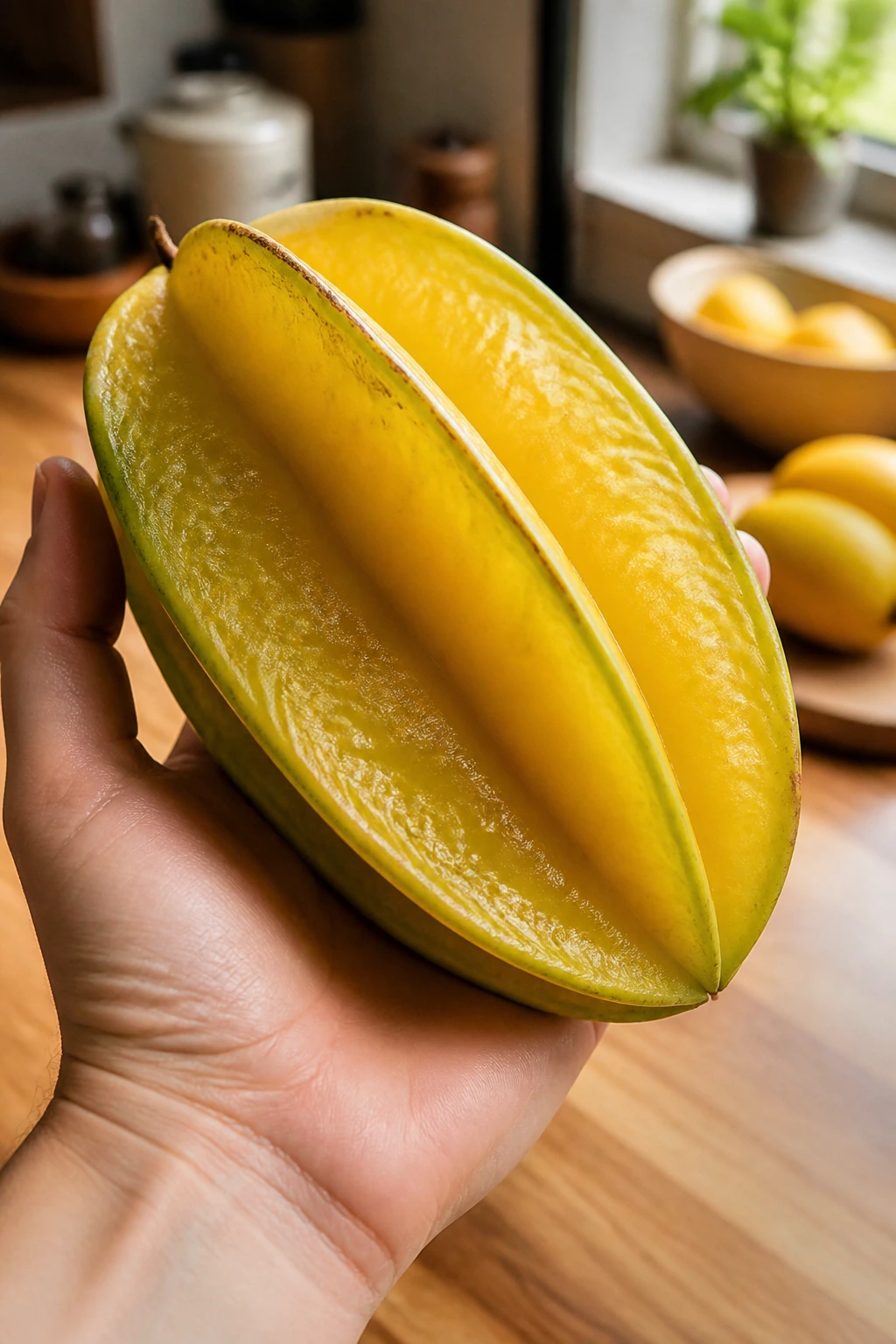 Close-up of a large star fruit held in a hand in a warm kitchen
