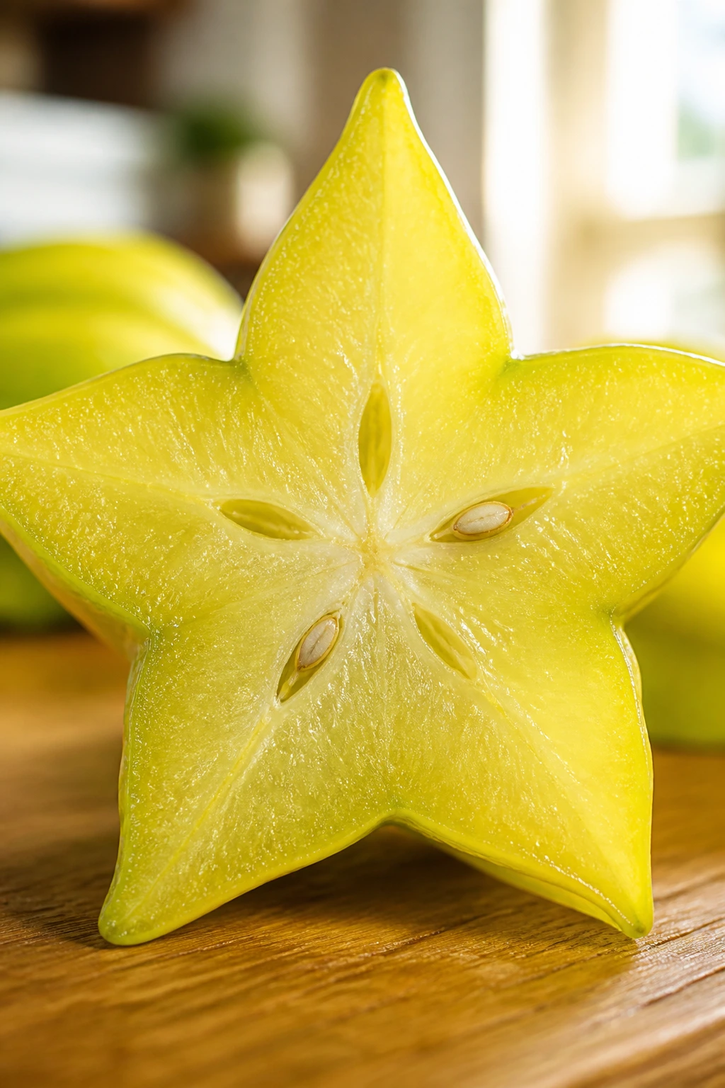 Close-up of starfruit cross-section showing a five-point star and yellow-green flesh