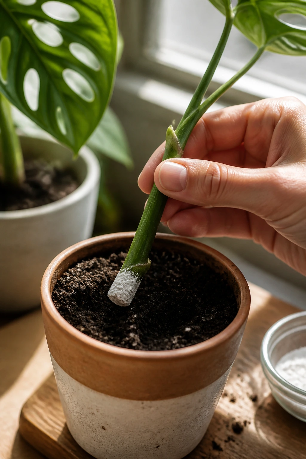 How To Propagate Swiss Cheese Plant:Â Step-By-Step Guide 3 Stem cutting with root powder being planted in well-draining soil in a pot on a sunny windowsill