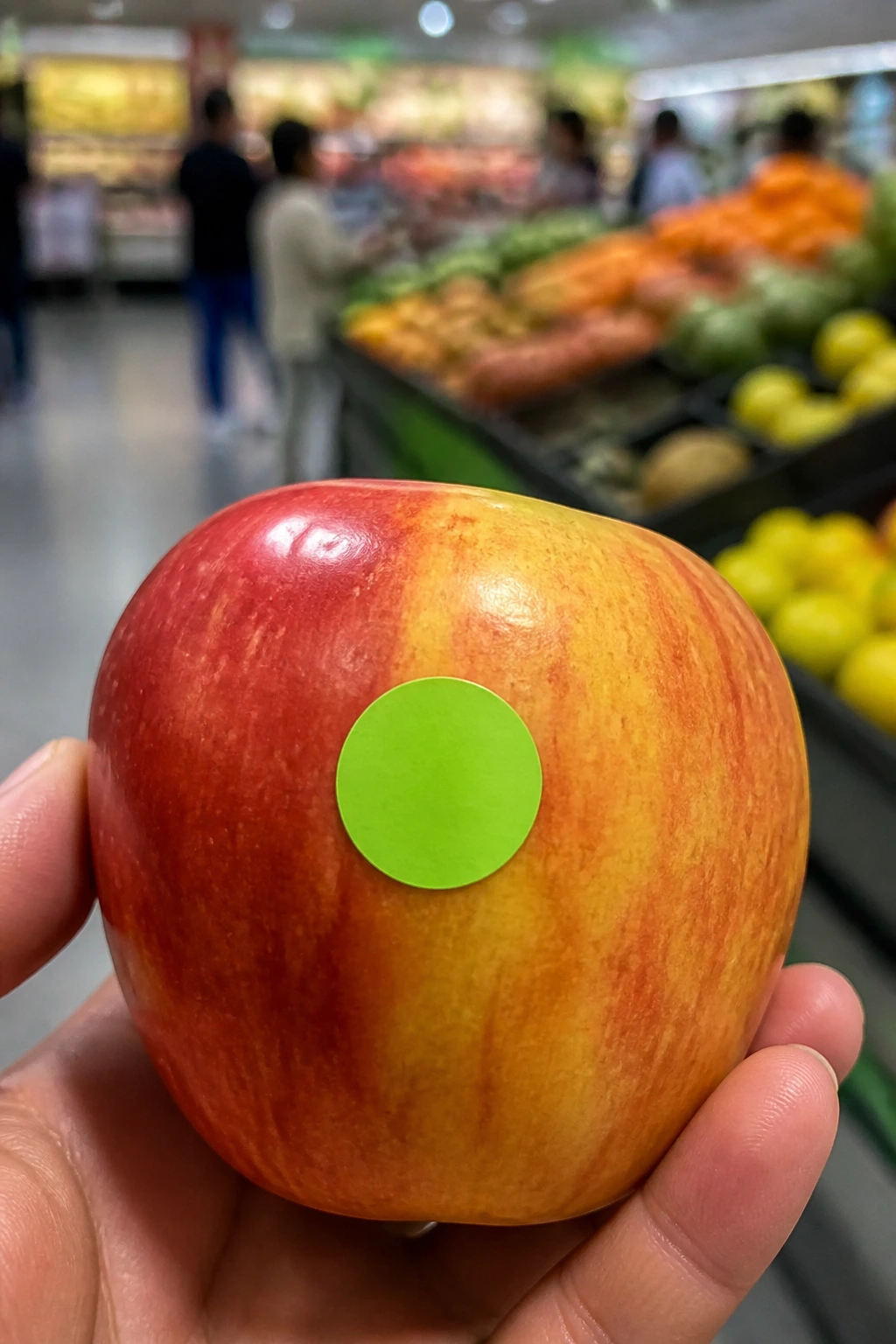 Understanding What Stickers on Fruits and Vegetables Mean 2 Close-up of a fruit with a bright green sticker in a grocery store