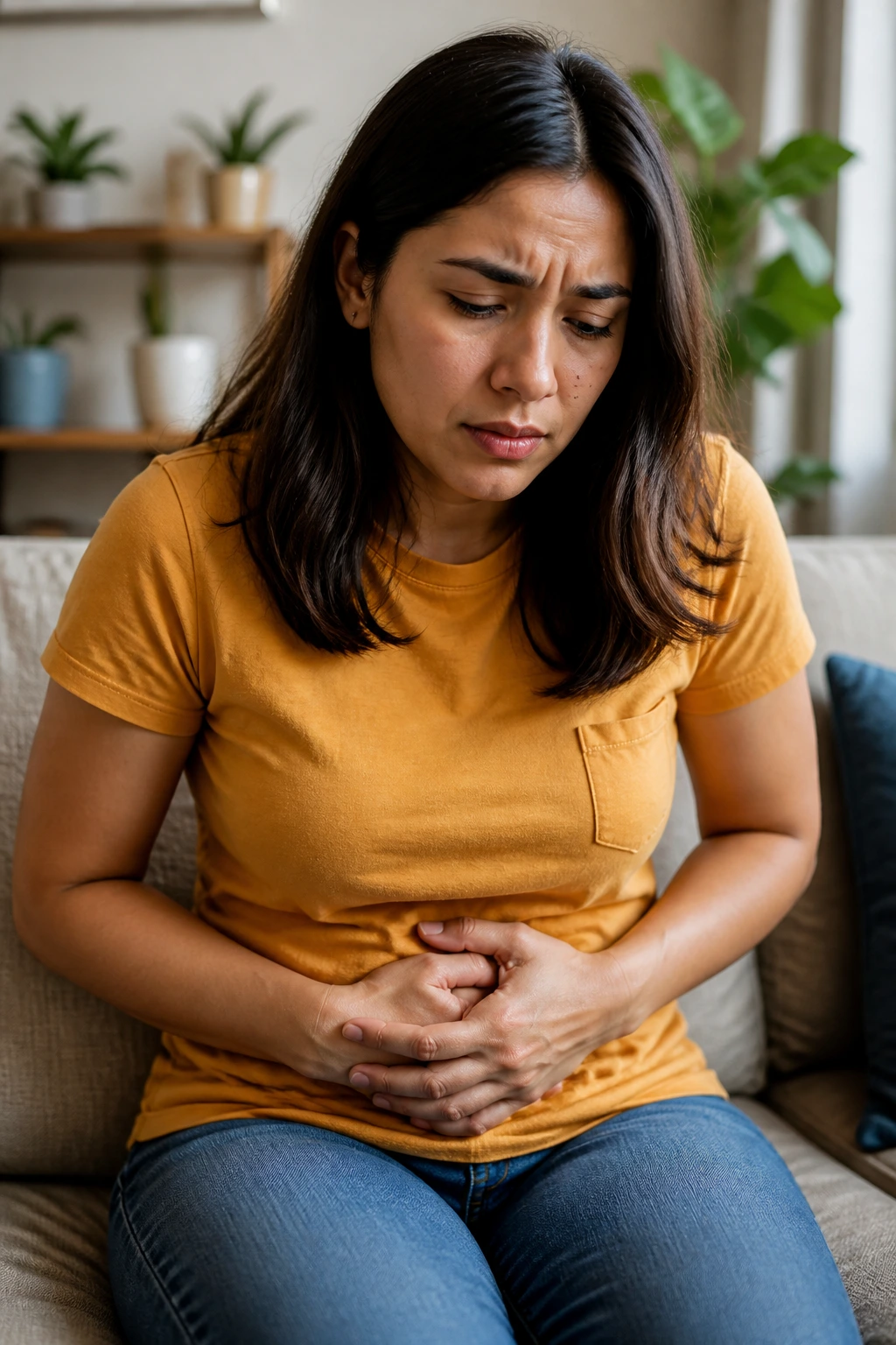 Gut Reactions: Does Eating Mango Cause Bloating? 3 Medium close-up of a person holding their stomach with a concerned expression