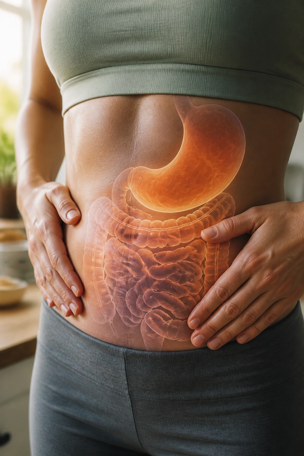 Digestive Relief: Is Apple Good For Diarrhea And Vomiting? 1 Close-up of a human abdomen with a translucent digestion overlay showing stomach activity