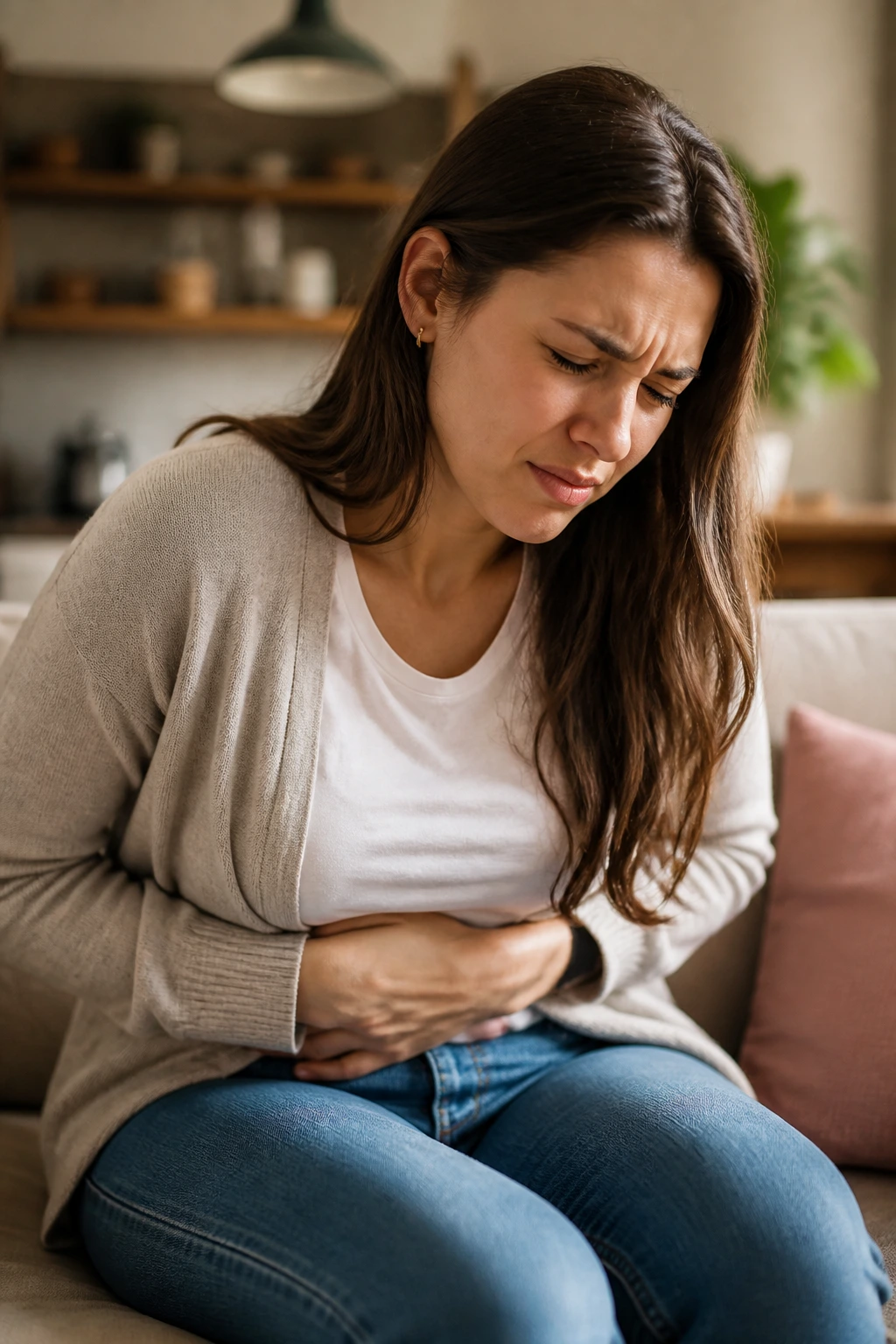 Side Effects of Eating Too Much Fruit: 10 Possible Outcomes 3 Close-up of a person clutching their stomach with a discomfort expression