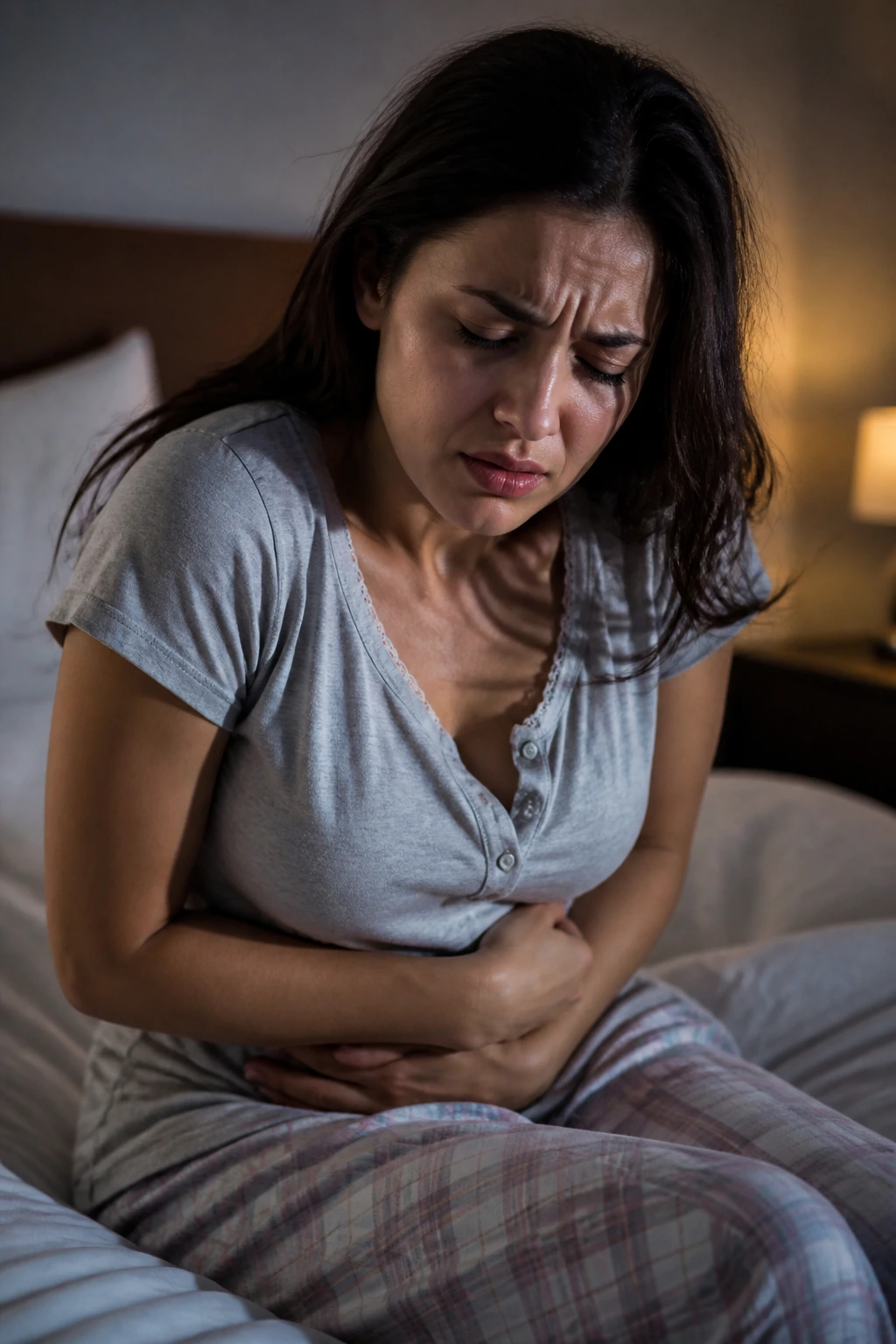 10 Surprising Disadvantages Of Eating Fruits At Night 6 Close-up of a person in bed showing stomach distress at night