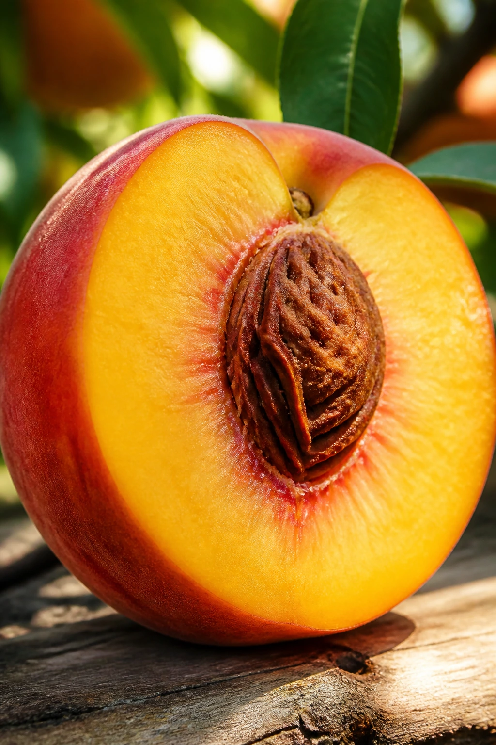 Close-up of a ripe peach showing flesh near the pit in an outdoor setting