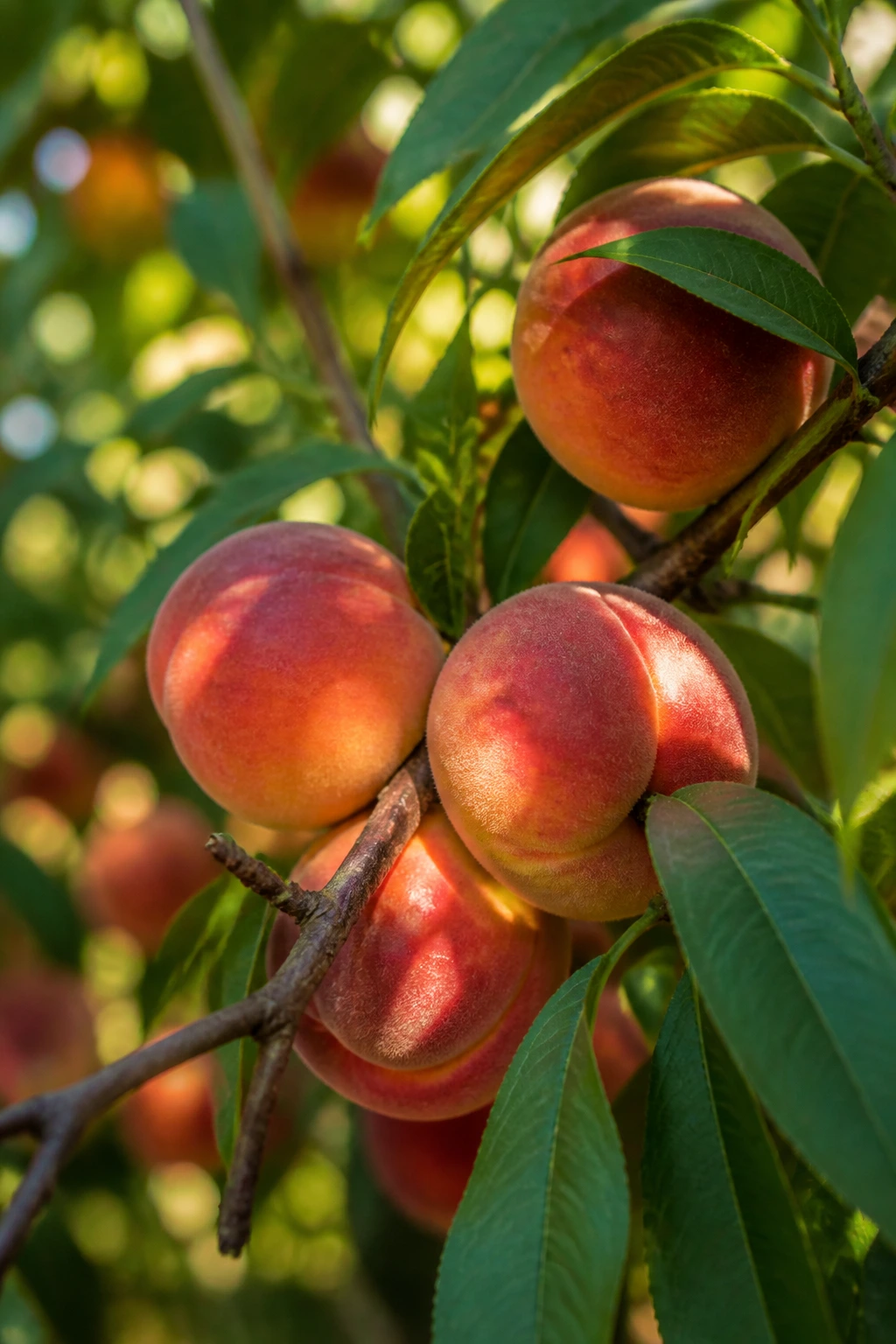 Close-up of a peach tree limb with ripe peaches