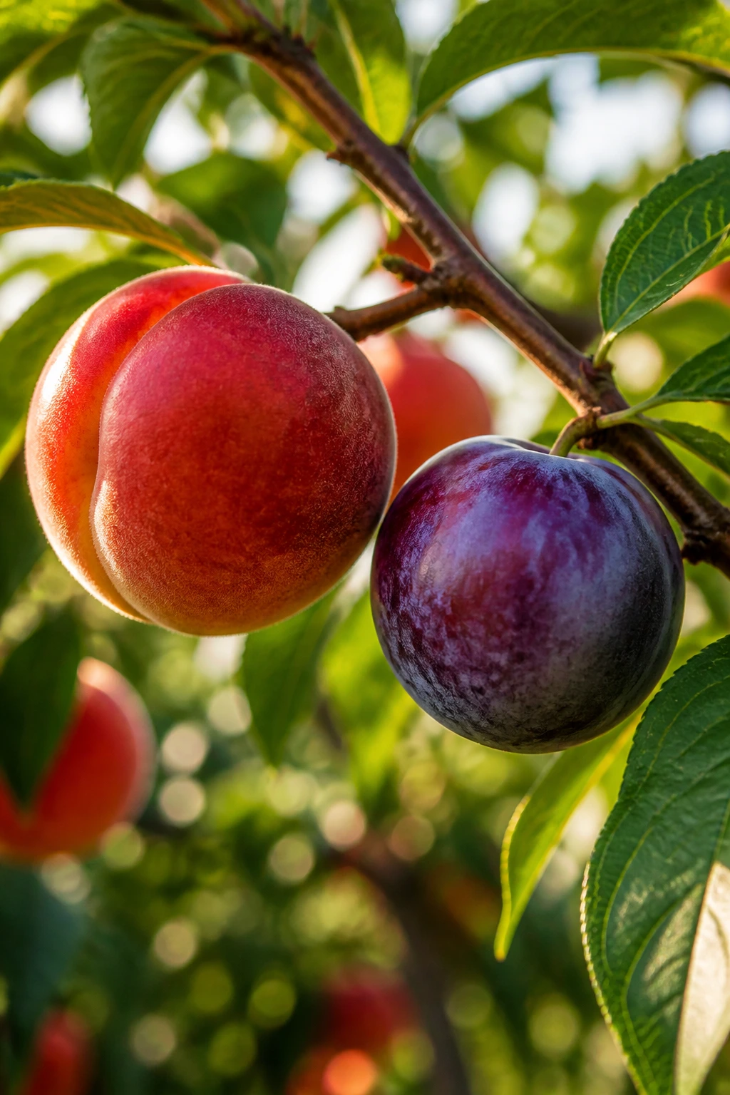 Close-up of peaches and plums on a stone fruit tree in a sunlit garden