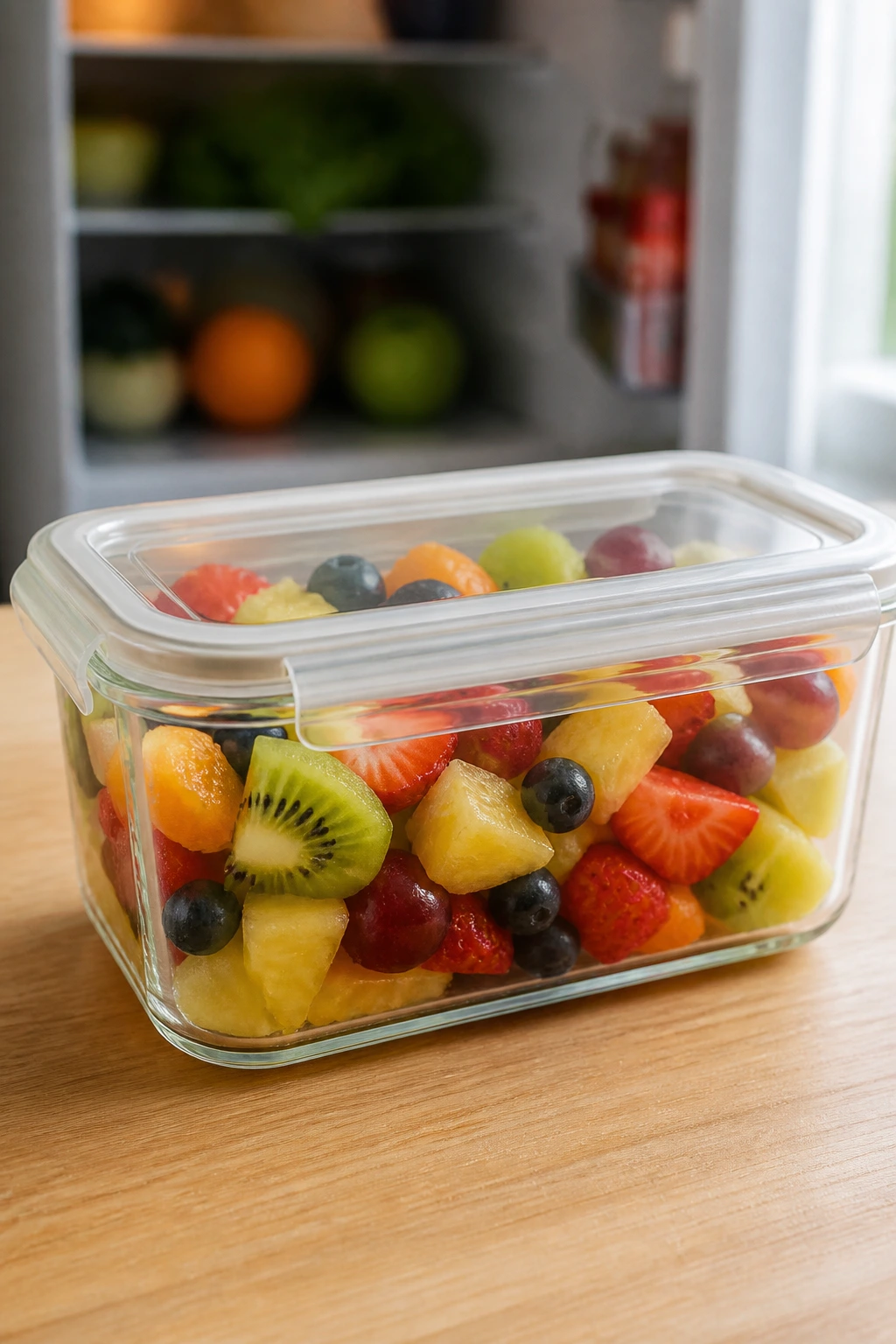 How Long Is Fruit Salad Good For? Shelf Life & Storage Tips 10 Glass storage container filled with fruit salad with lid