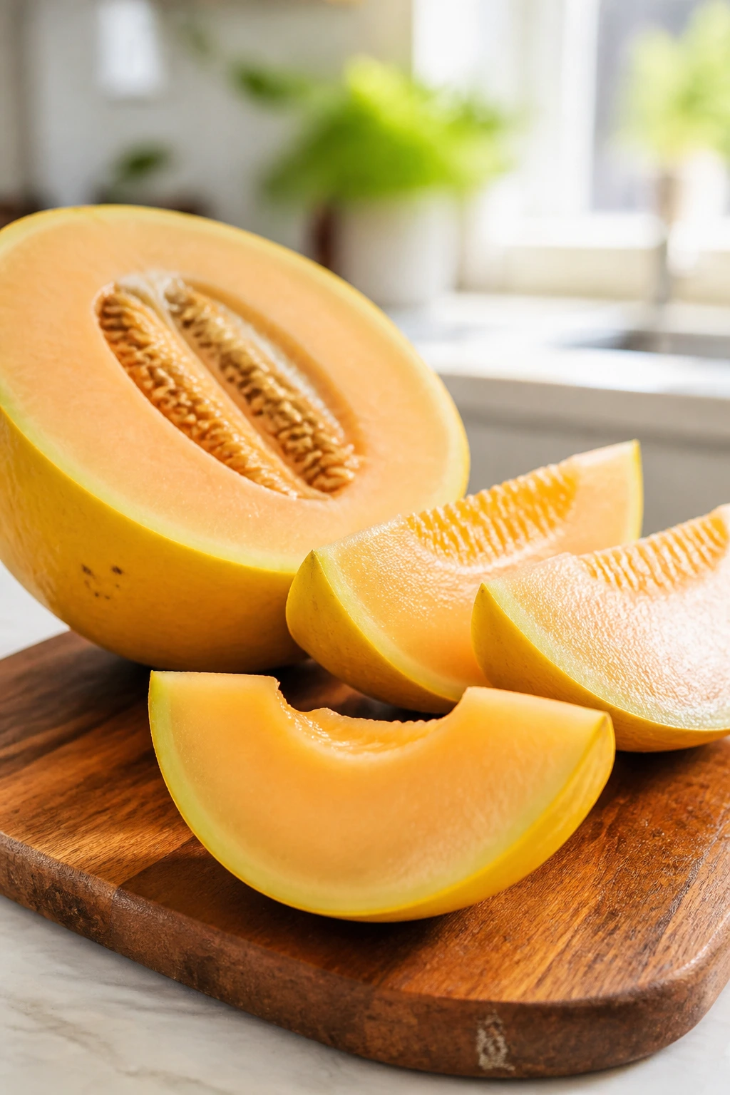 How To Tell If A Canary Melon Is Ripe 2 Sliced Canary Melon wedges on a cutting board ready to serve