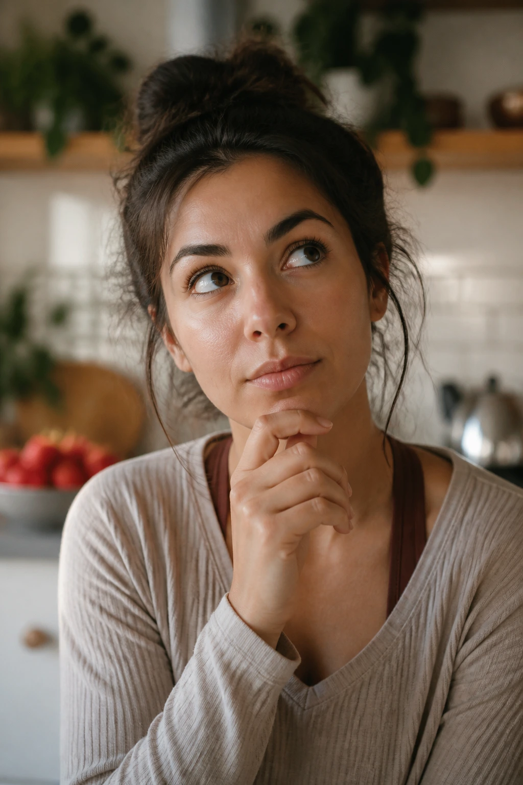 Banishing Breakouts: Are Strawberries Good For Acne? 7 Close-up thoughtful person in a warm kitchen considering strawberry acne skincare