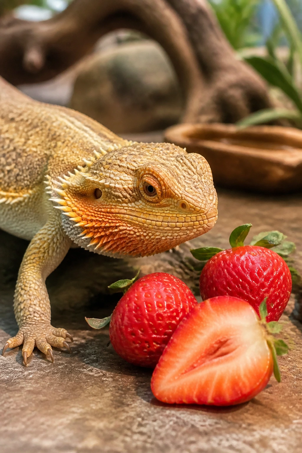 Can Bearded Dragons Eat Strawberries? All You Need to Know 3 Bearded dragon with strawberries in a terrarium, illustrating occasional strawberry treats