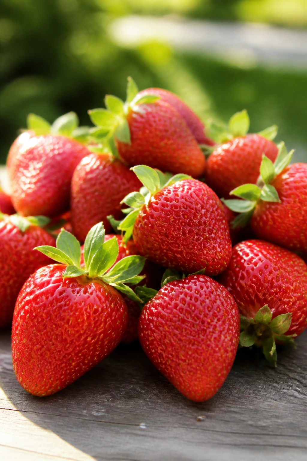 Can Birds Eat Strawberries? All You Need To Know 8 Close-up cluster of strawberries on a wooden surface in sunlight.
