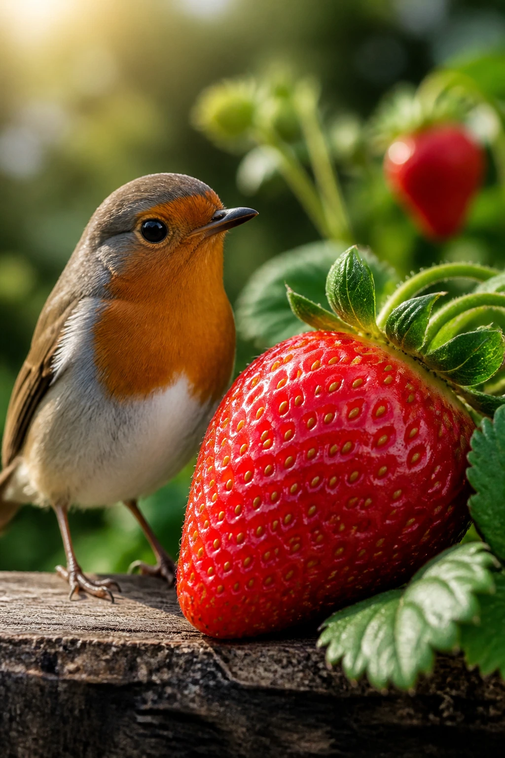 Can Birds Eat Strawberries? All You Need To Know 3 Close-up of a strawberry with a small bird beside it in a sunlit garden.