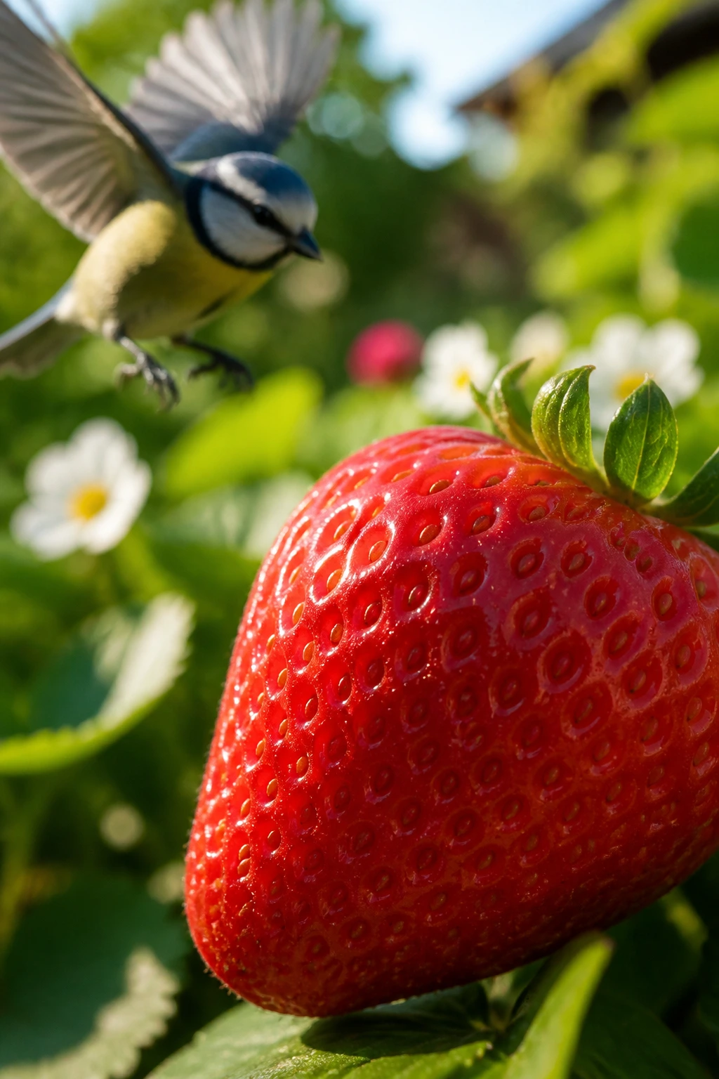 Can Birds Eat Strawberries? All You Need To Know 5 Close-up of a strawberry with a small bird approaching in a garden.