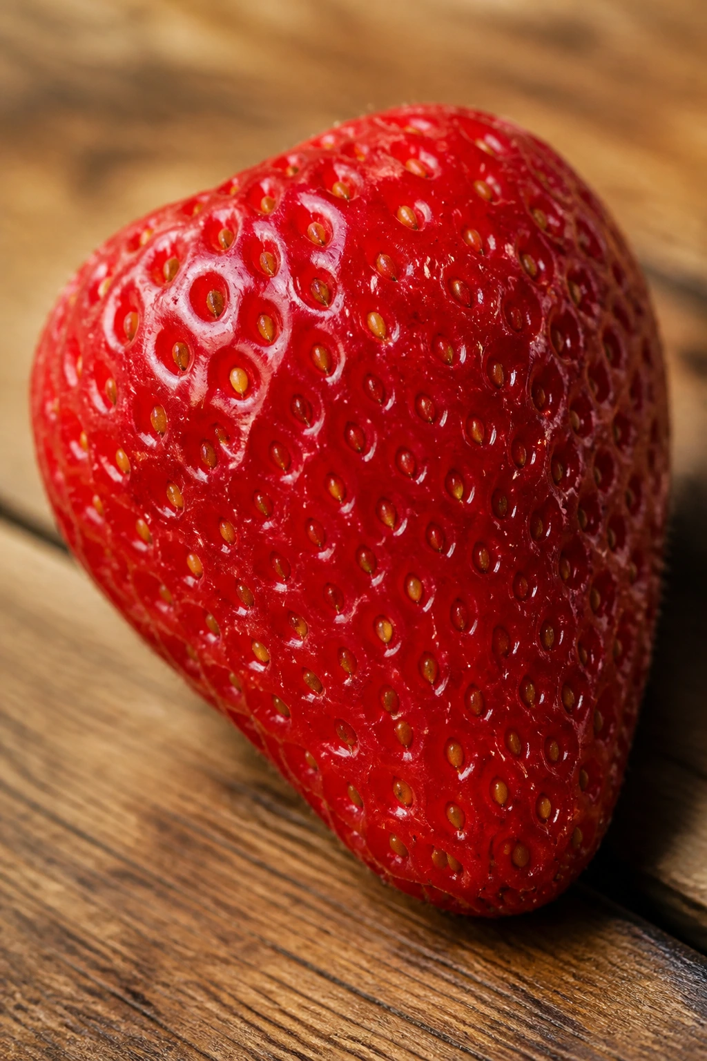 Single ripe strawberry on wooden surface with soft light