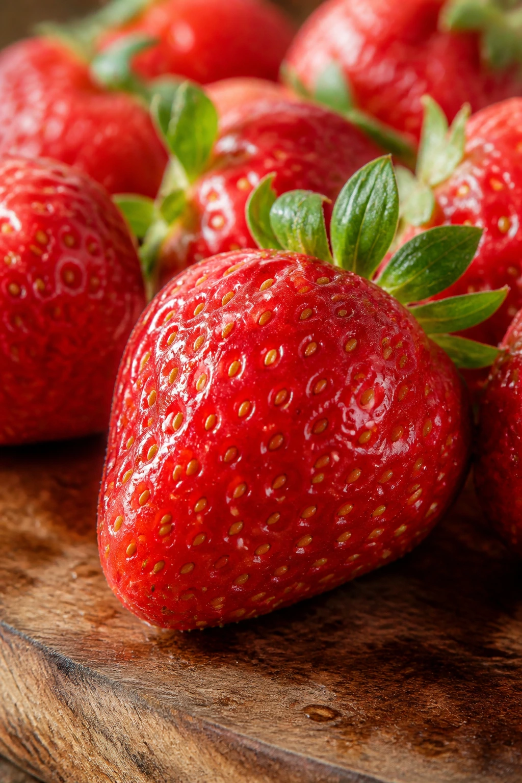 Banishing Breakouts: Are Strawberries Good For Acne? 2 Close-up of fresh strawberries on a wooden board, water droplets.