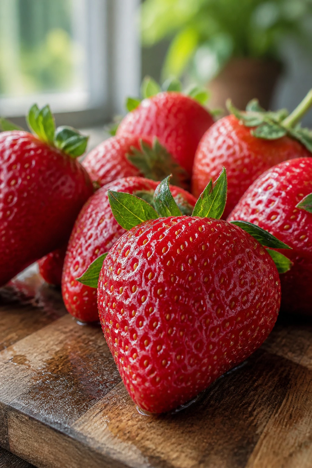 Close-up of ripe strawberries filling the frame on a wooden cutting board in a sunlit kitchen