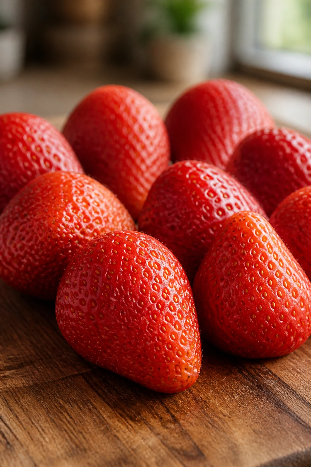 Close-up of ripe strawberries with no stems on a wooden cutting board