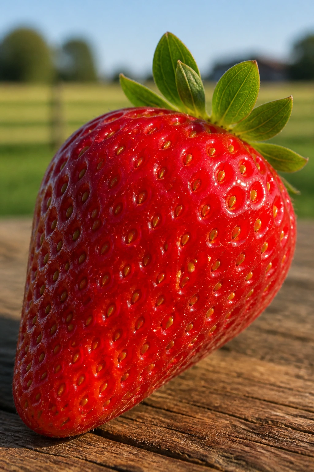Can Horses Eat Strawberries? All You Need to Know 1 Close-up of a single ripe strawberry with dew on a rustic table outdoors