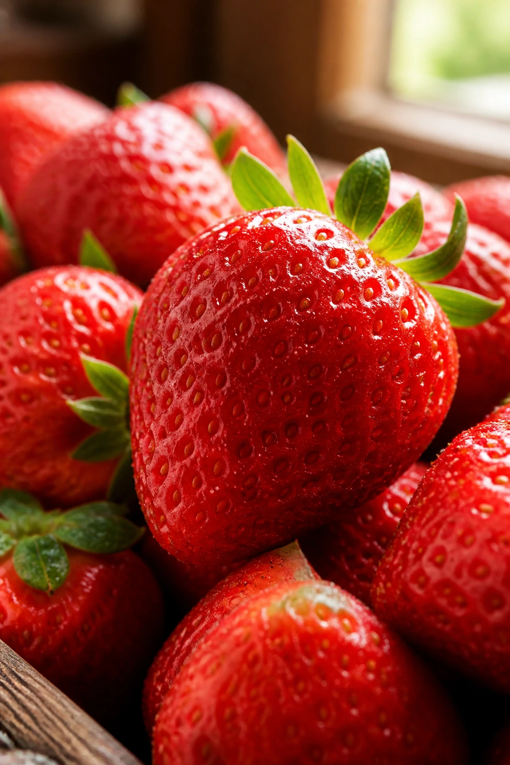 Are Strawberries Acidic Or Alkaline? 1 Close-up of dew-kissed red strawberries on a wooden kitchen surface