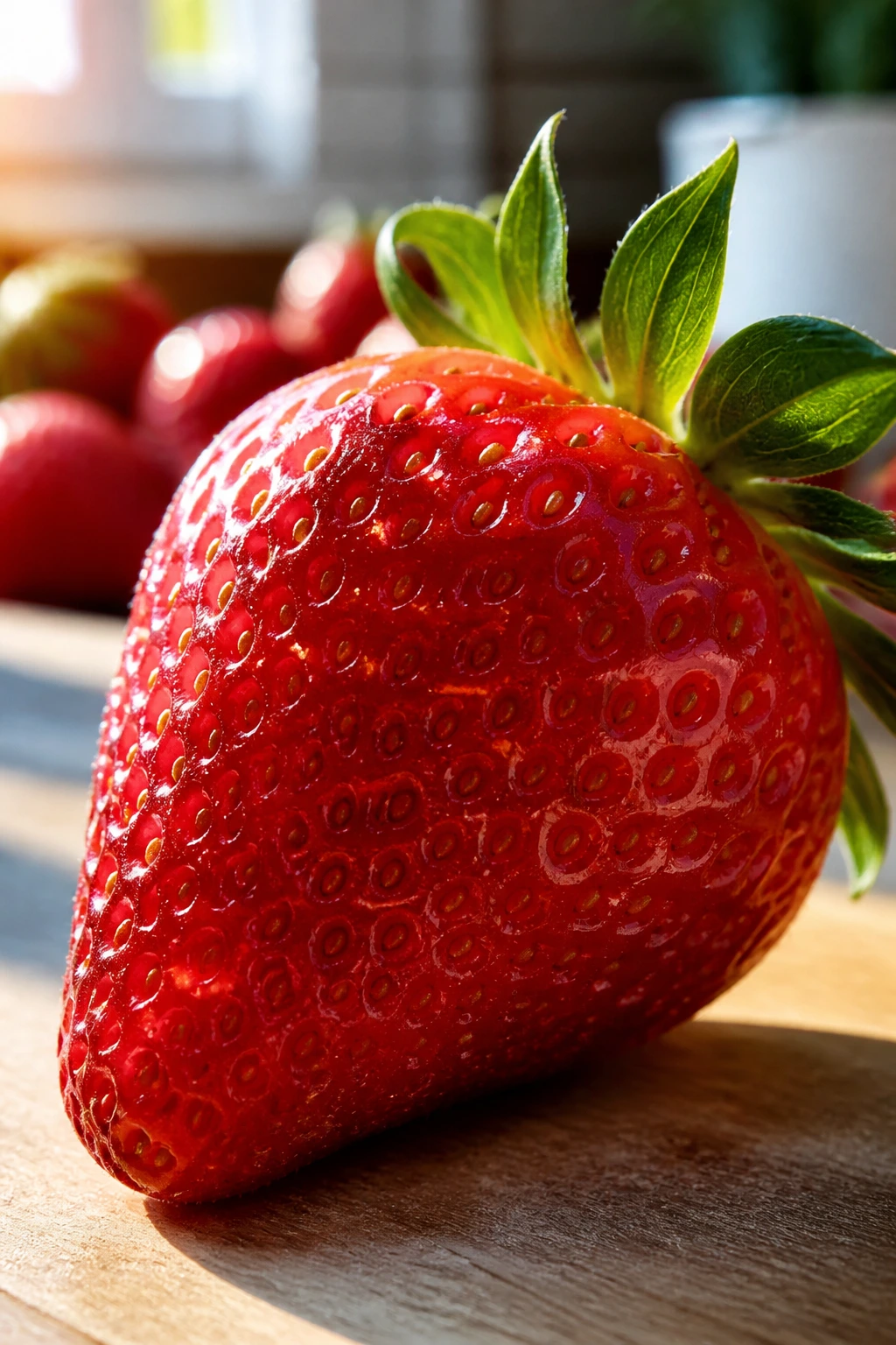 What Are The Benefits of Strawberry for Babies? & The Risk? 4 Close-up of a ripe strawberry with seeds and glossy flesh in natural kitchen light