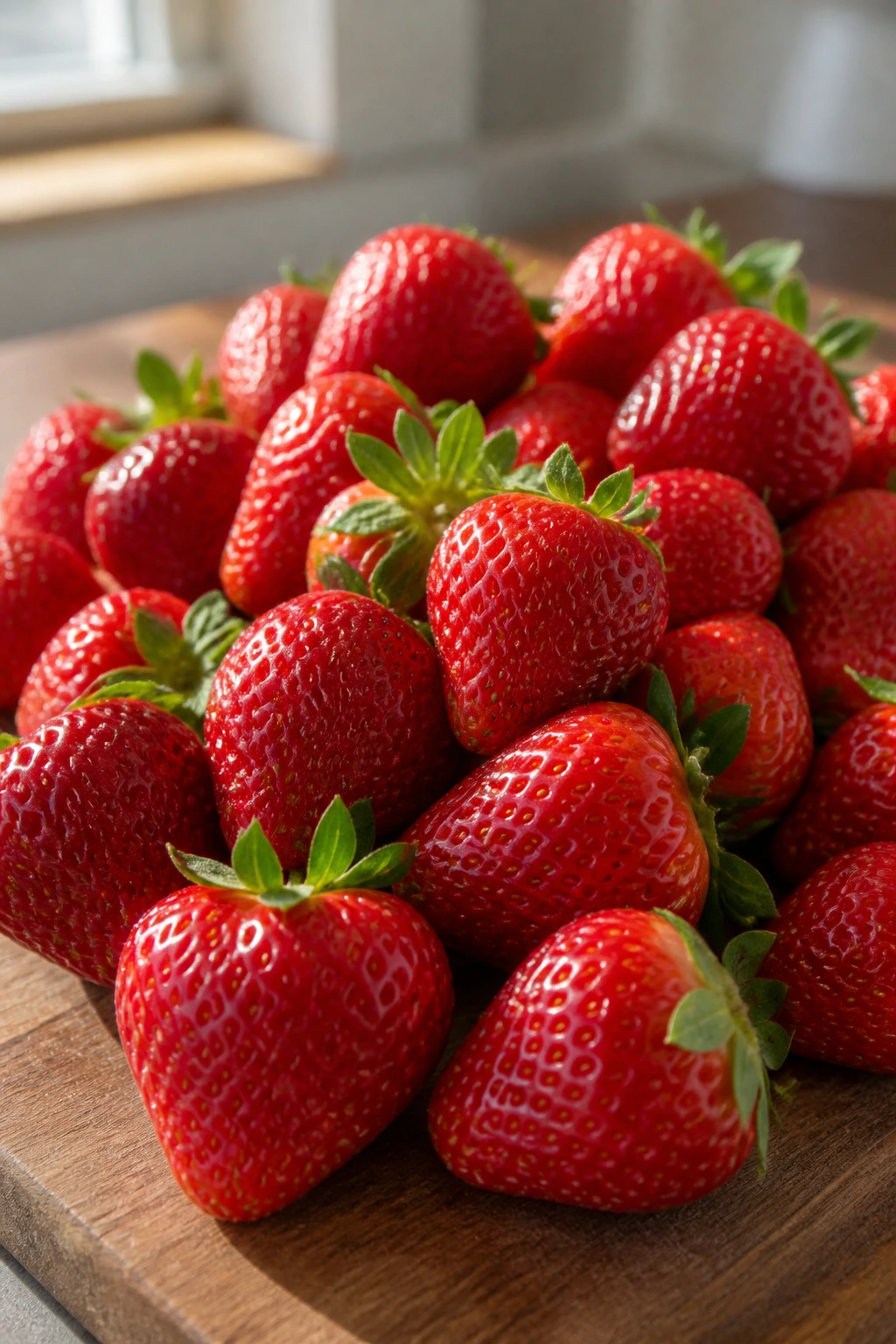 Are Strawberries Acidic Or Alkaline? 3 Cluster of ripe strawberries on cutting board in warm kitchen