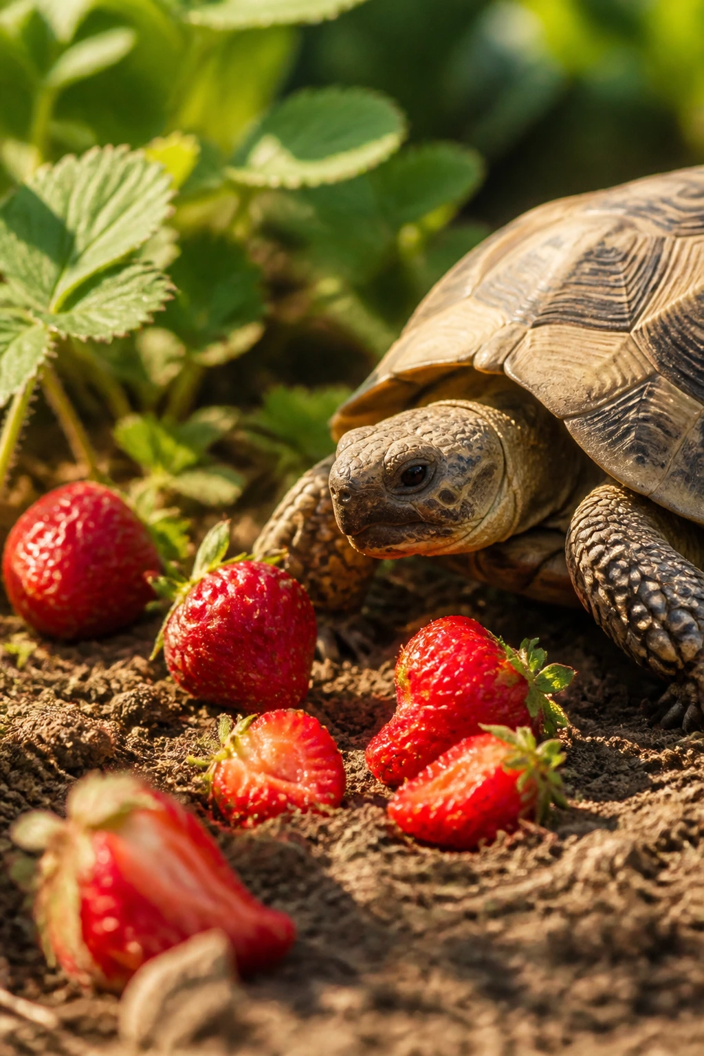 Tortoise beside strawberries scattered on the ground in a garden