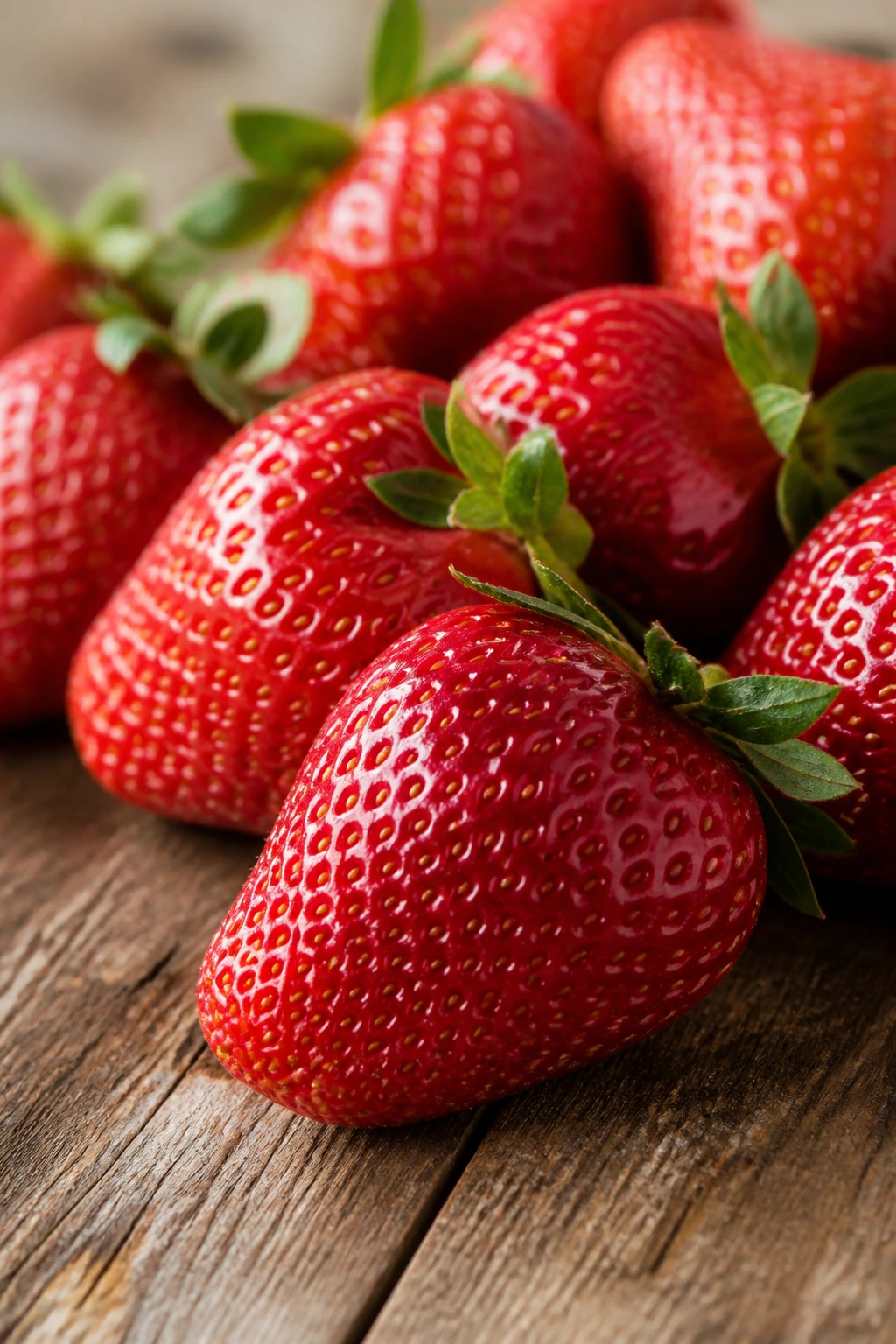 Close-up of ripe strawberries filling the frame on a wooden counter.