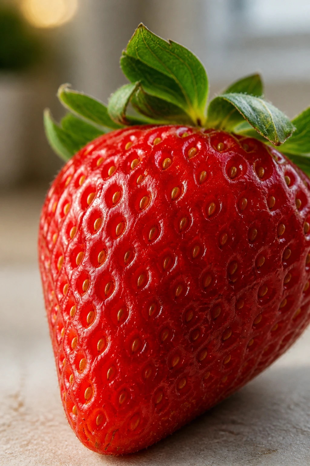 Single ripe strawberry in sharp focus on a soft background.