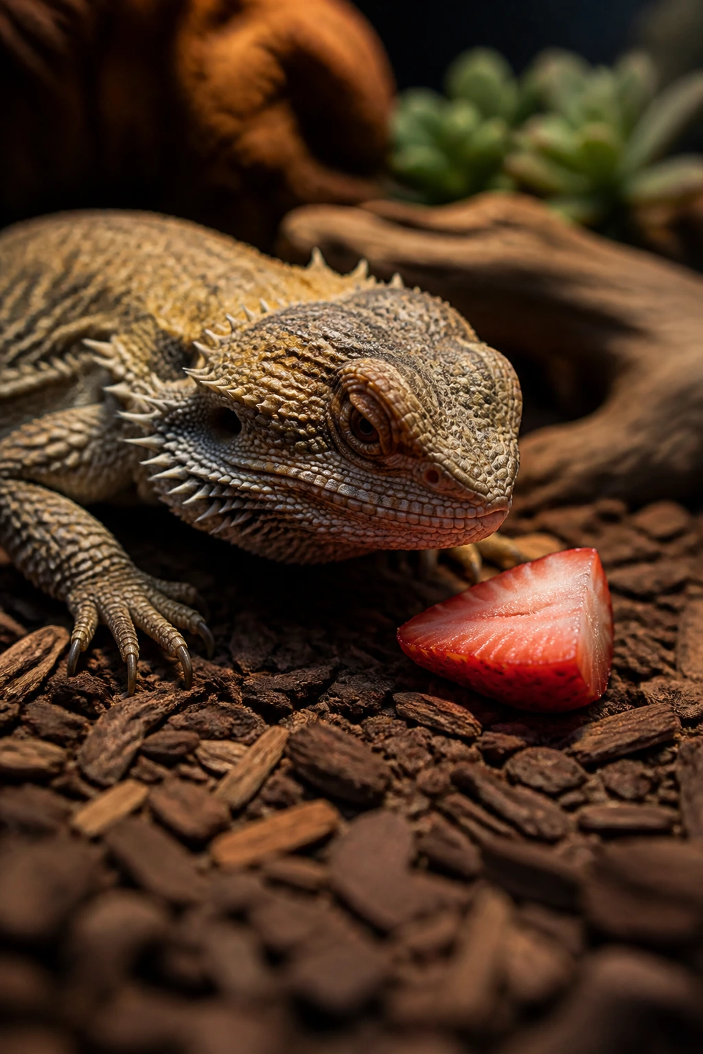 Can Bearded Dragons Eat Strawberries? All You Need to Know 4 Bearded dragon near a strawberry slice highlighting potential downsides of feeding fruit