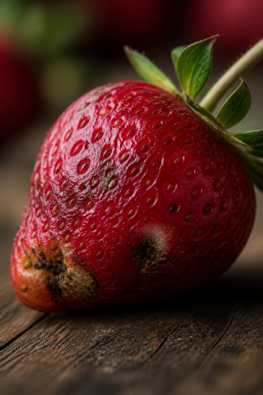 Strawberry with minor blemishes in moody lighting to suggest potential downsides for rats