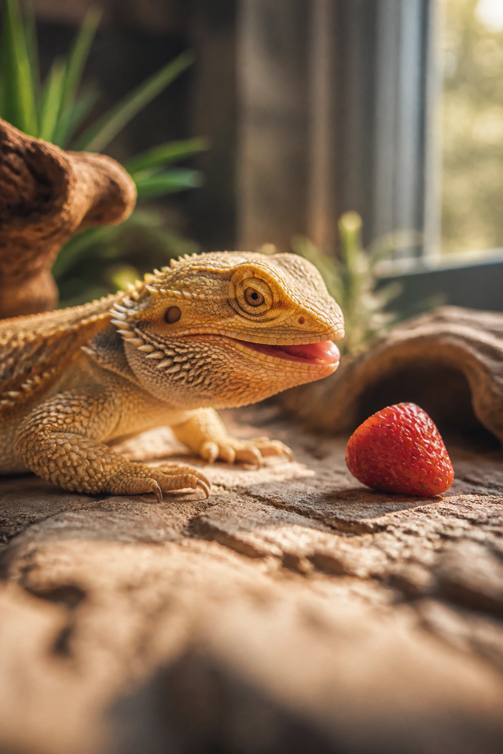 Can Bearded Dragons Eat Strawberries? All You Need to Know 6 Bearded dragon calmly approaching a small strawberry piece in a terrarium