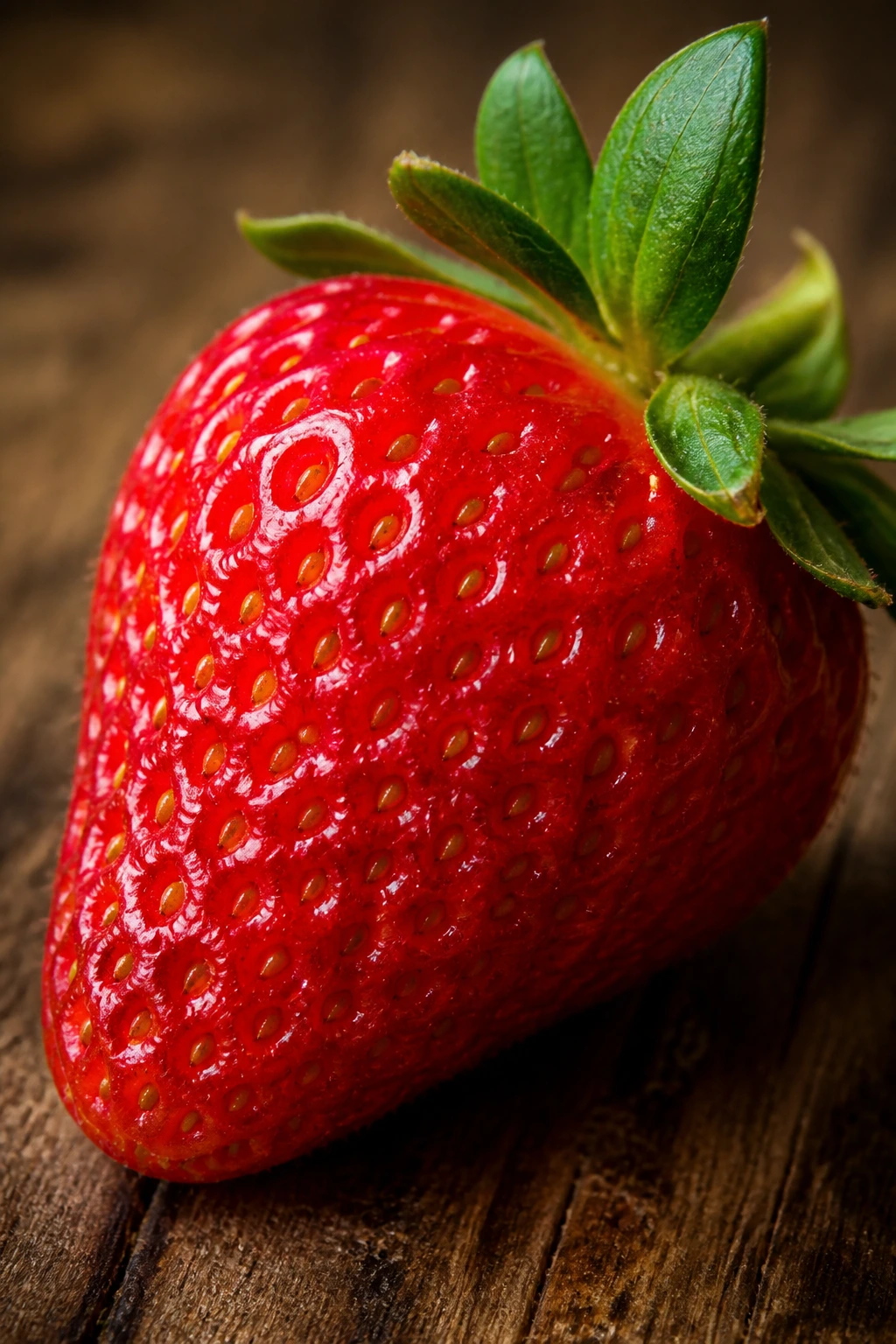 Strawberry on wooden surface in warm kitchen/garden light
