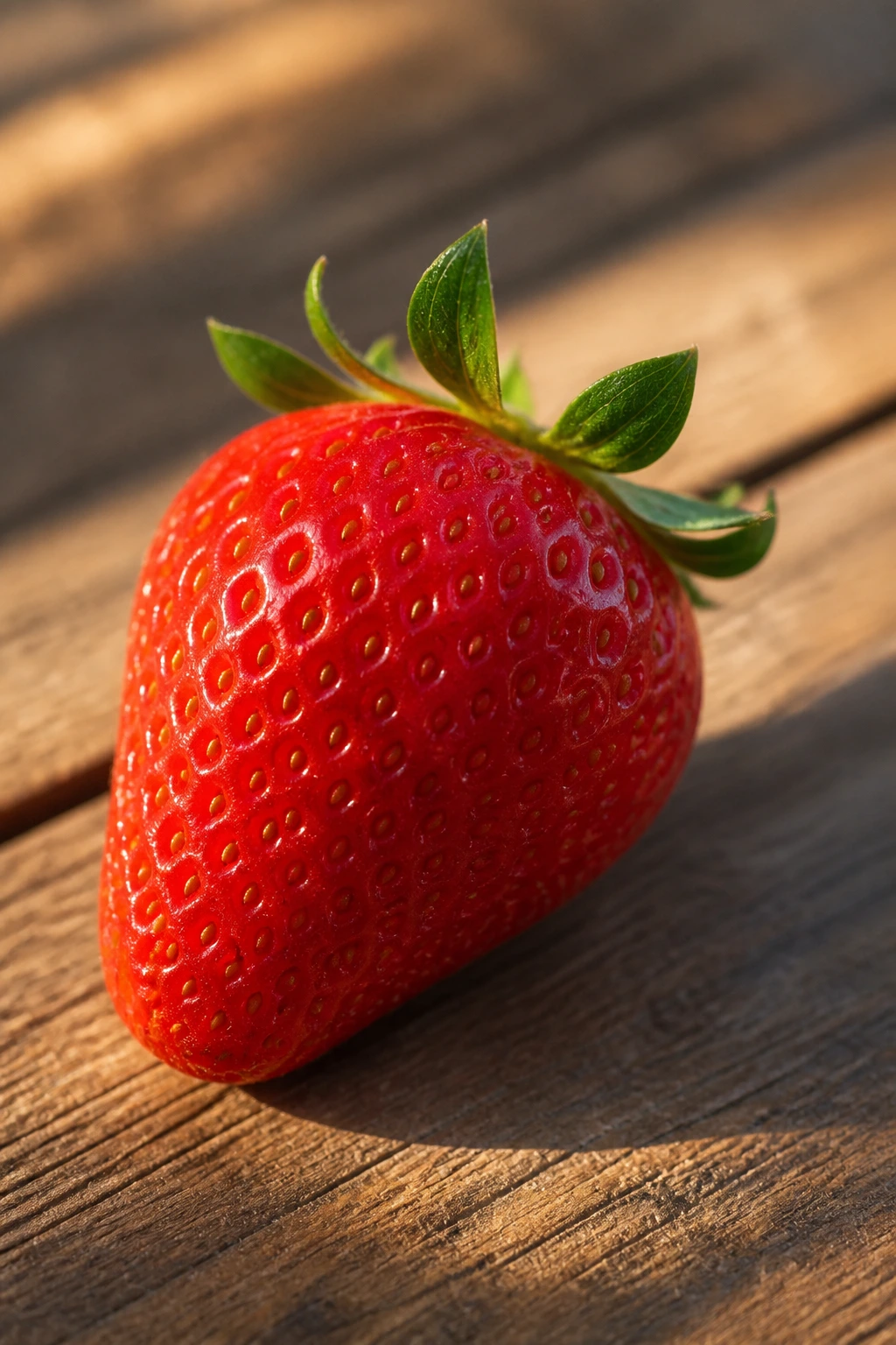 Are Strawberries Sweet, Sour, or Tart? 4 Close-up of ripe strawberry on wooden surface bathed in warm sunlight