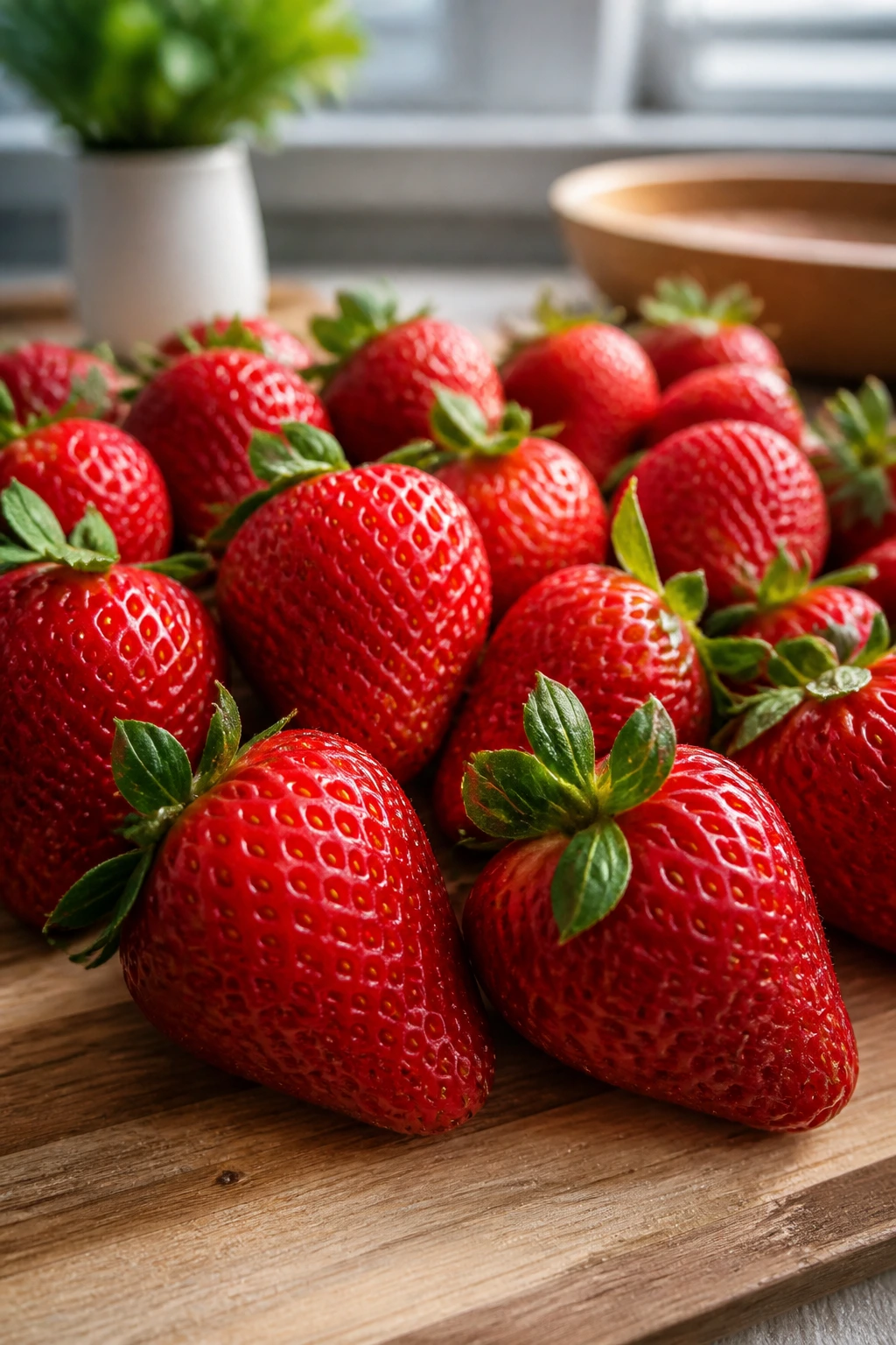 How Long Can Strawberries Stay at Room Temperature? 1 Close-up of fresh strawberries on a wooden board with kitchen background