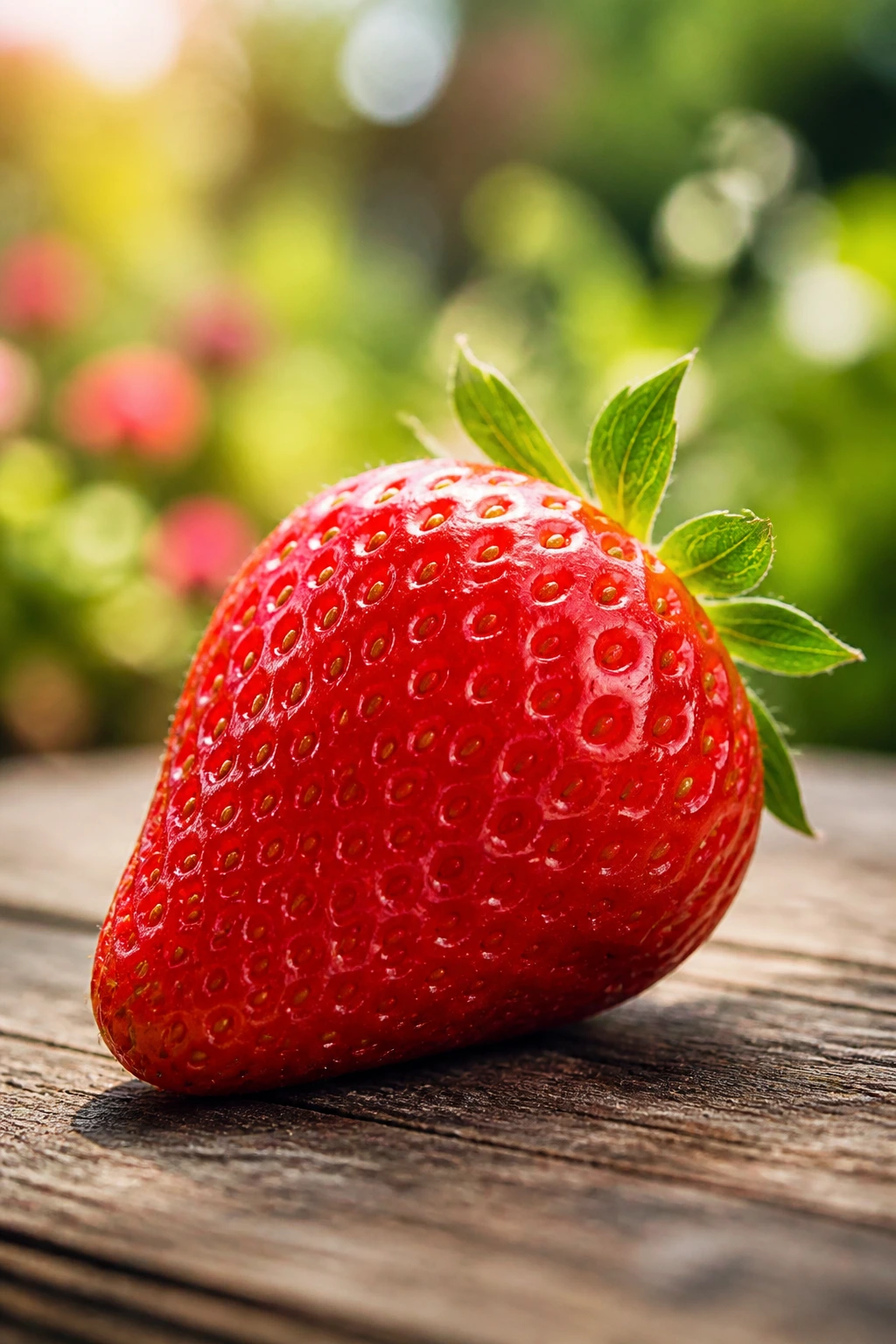 Can Birds Eat Strawberries? All You Need To Know 7 Close-up of a strawberry on wood with a garden backdrop.