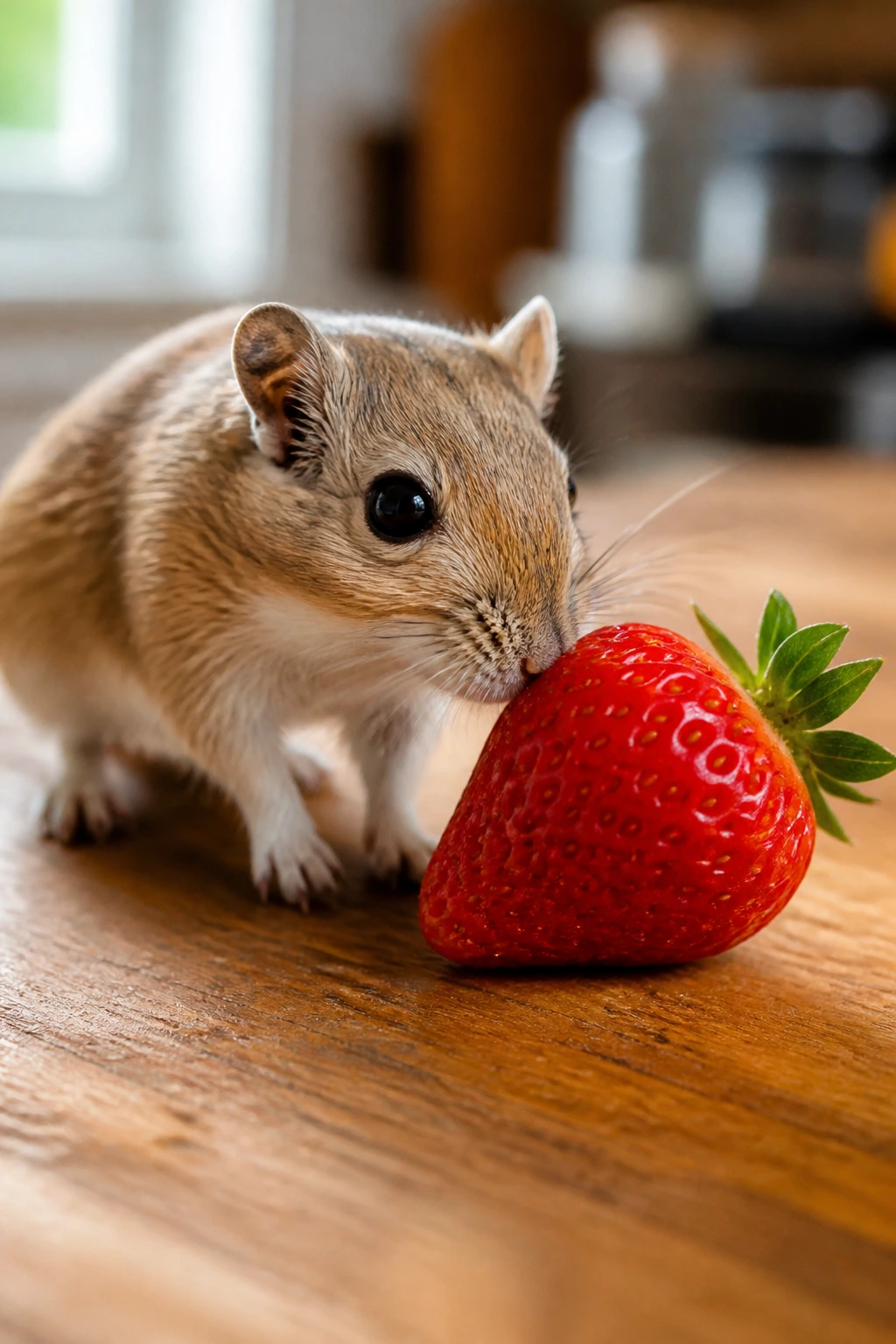 Gerbil sniffing a ripe strawberry in warm kitchen light
