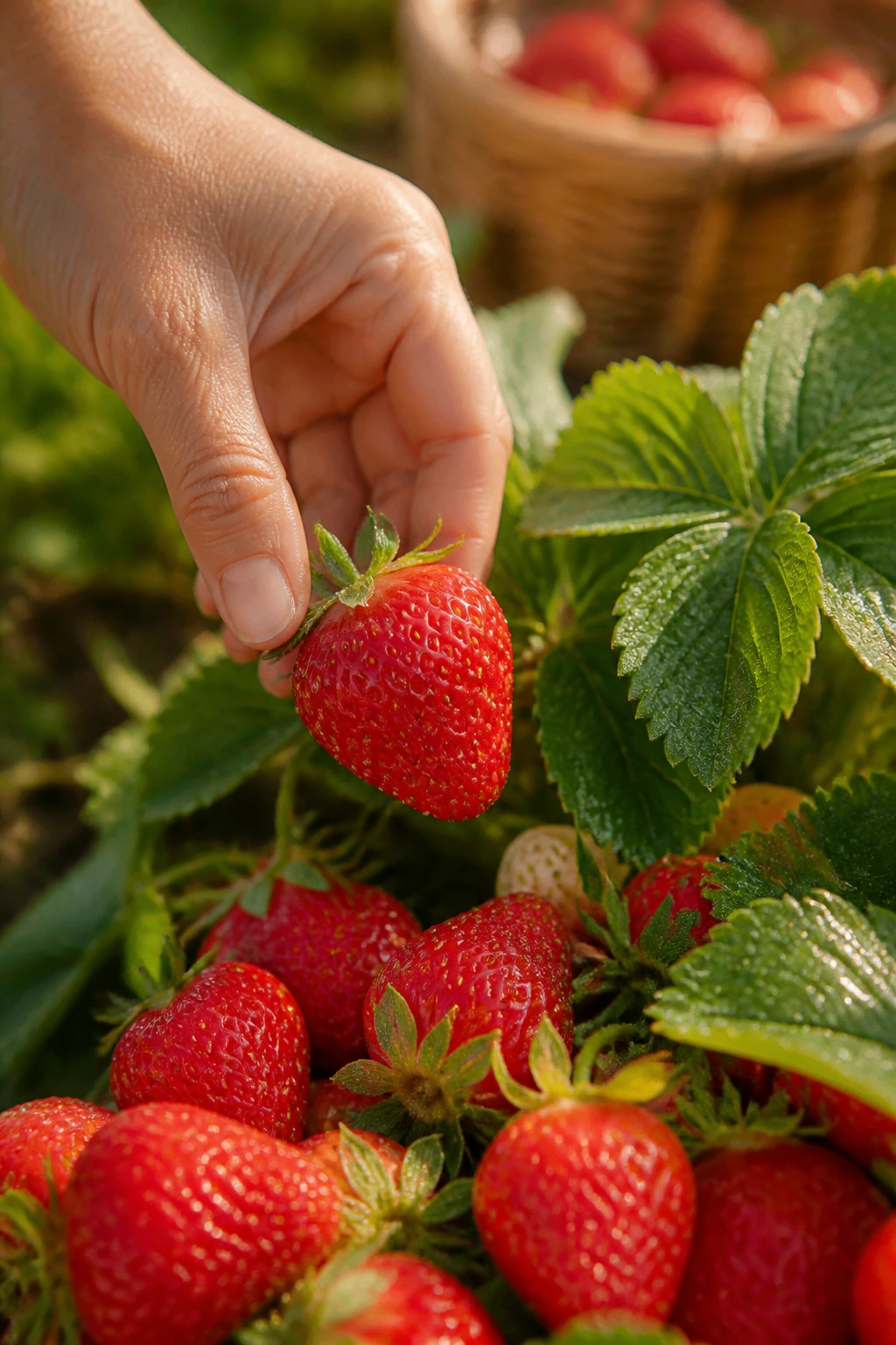 Complete Lifecycle of Strawberry Plants from Start to Finish 11 Close-up of ripe strawberries being harvested in a sunlit patch