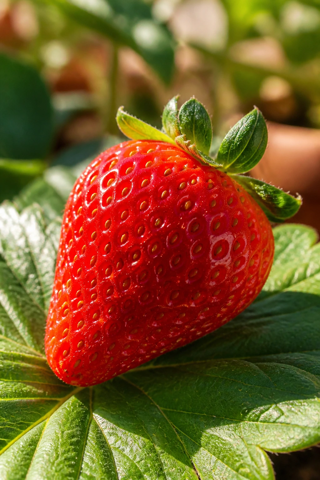 Close-up strawberry on green leaf in sunlight