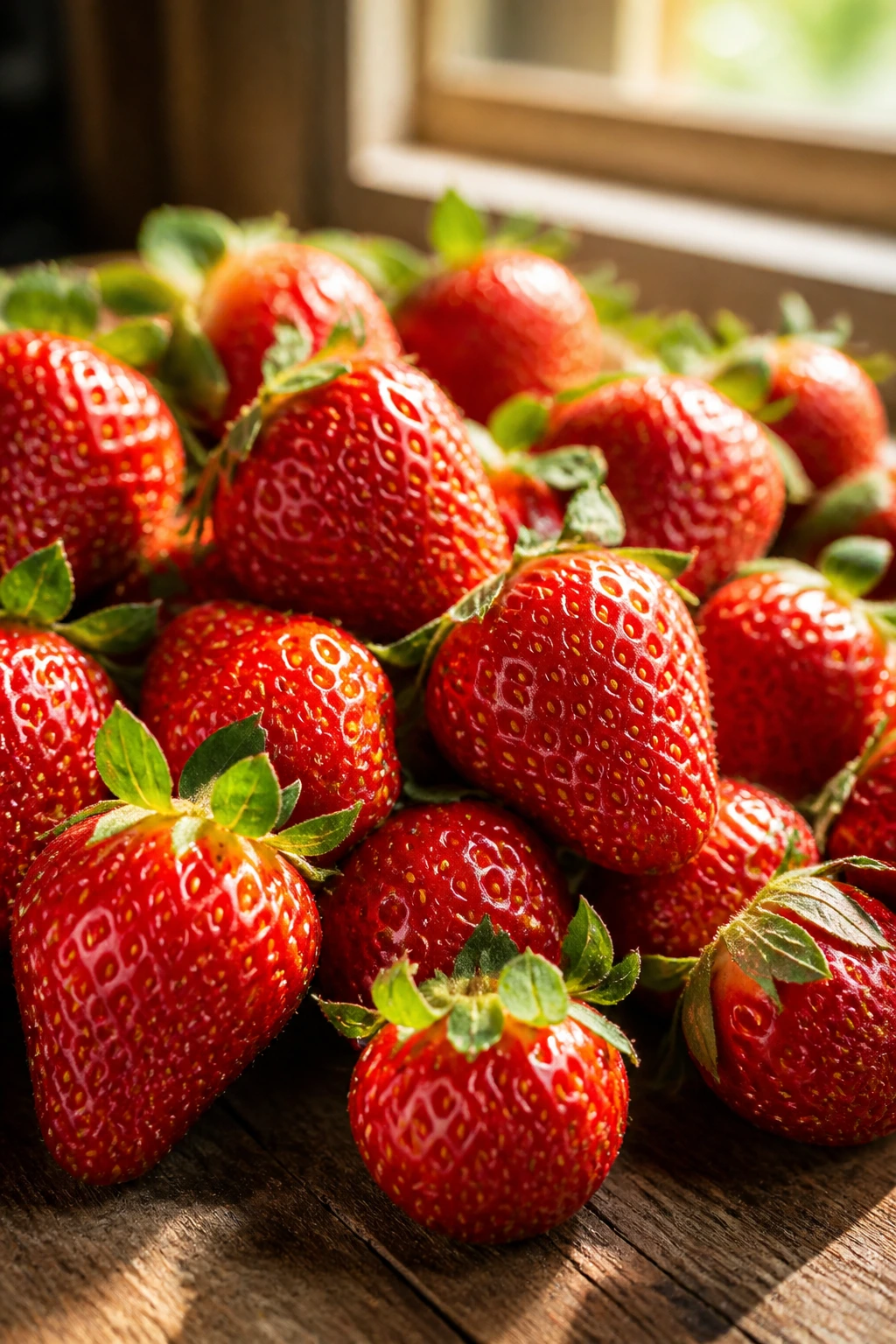 Close-up of fresh strawberries filling the frame on a wooden surface