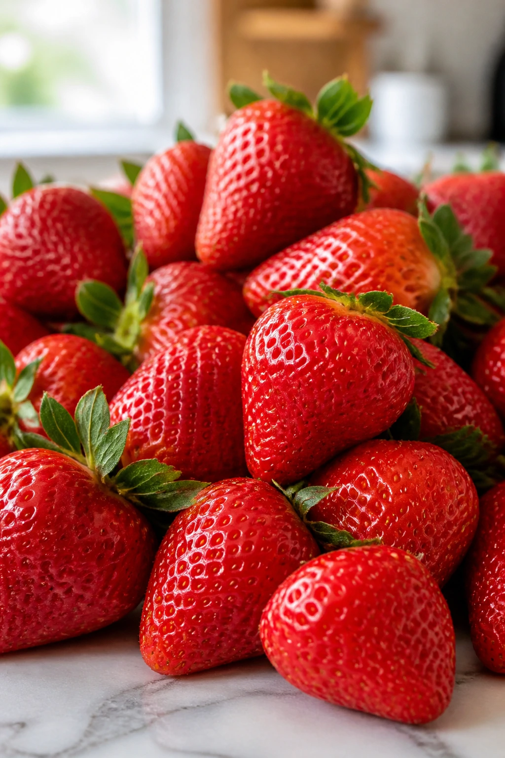 Cluster of ripe strawberries on a bright kitchen counter.