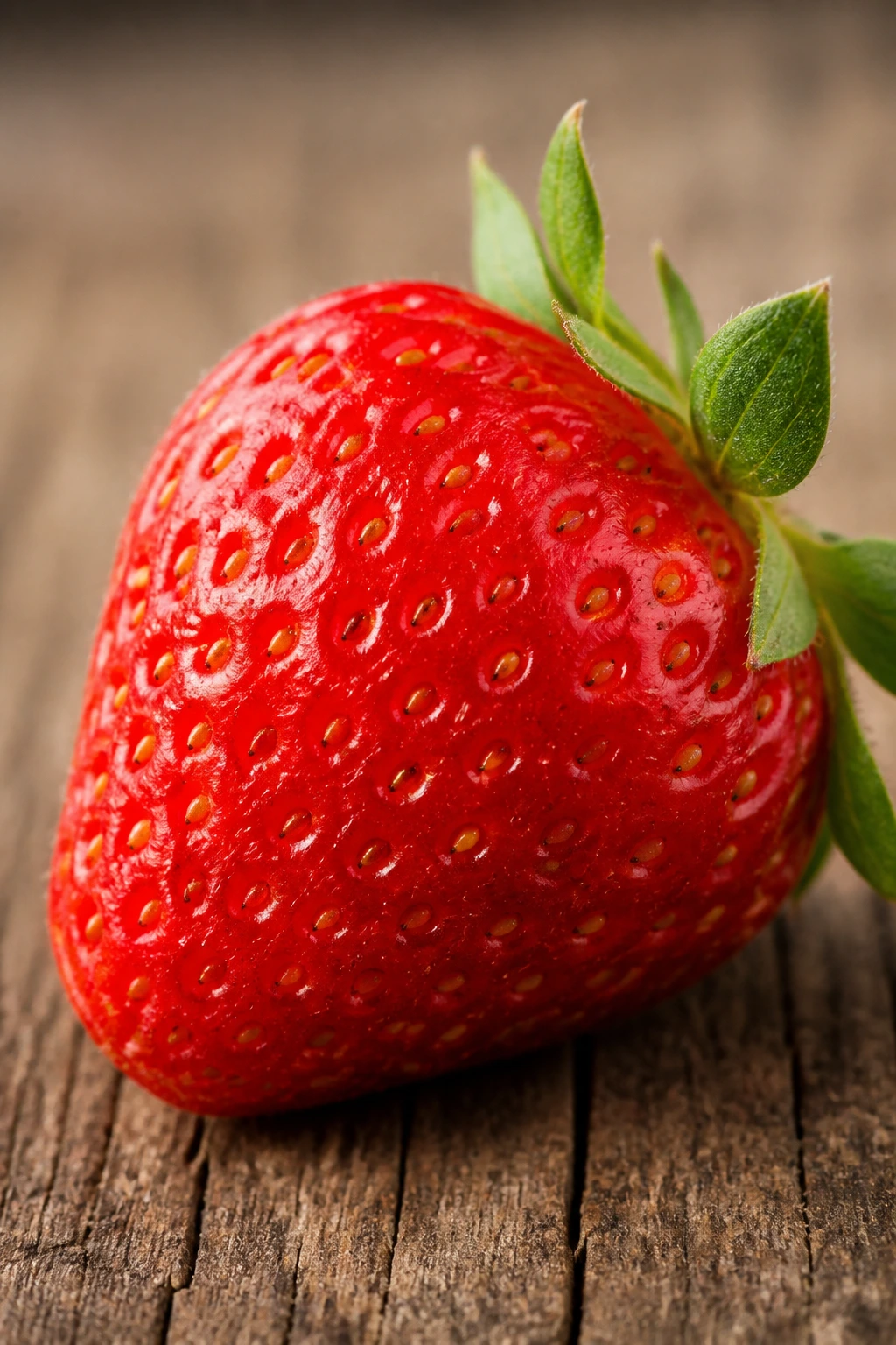 Macro close-up of a ripe strawberry on wood.