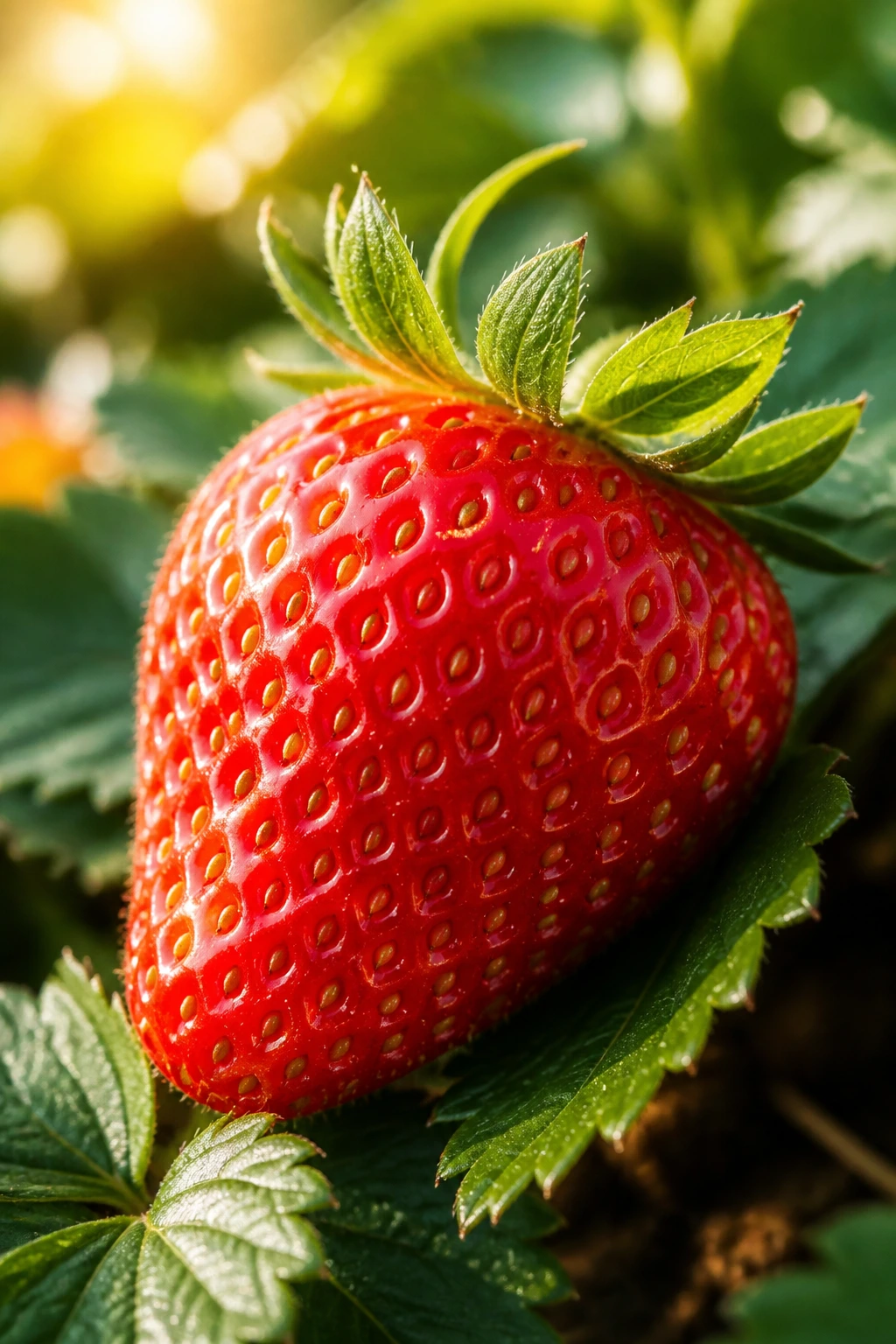 Strawberry on greens in sunlit natural setting